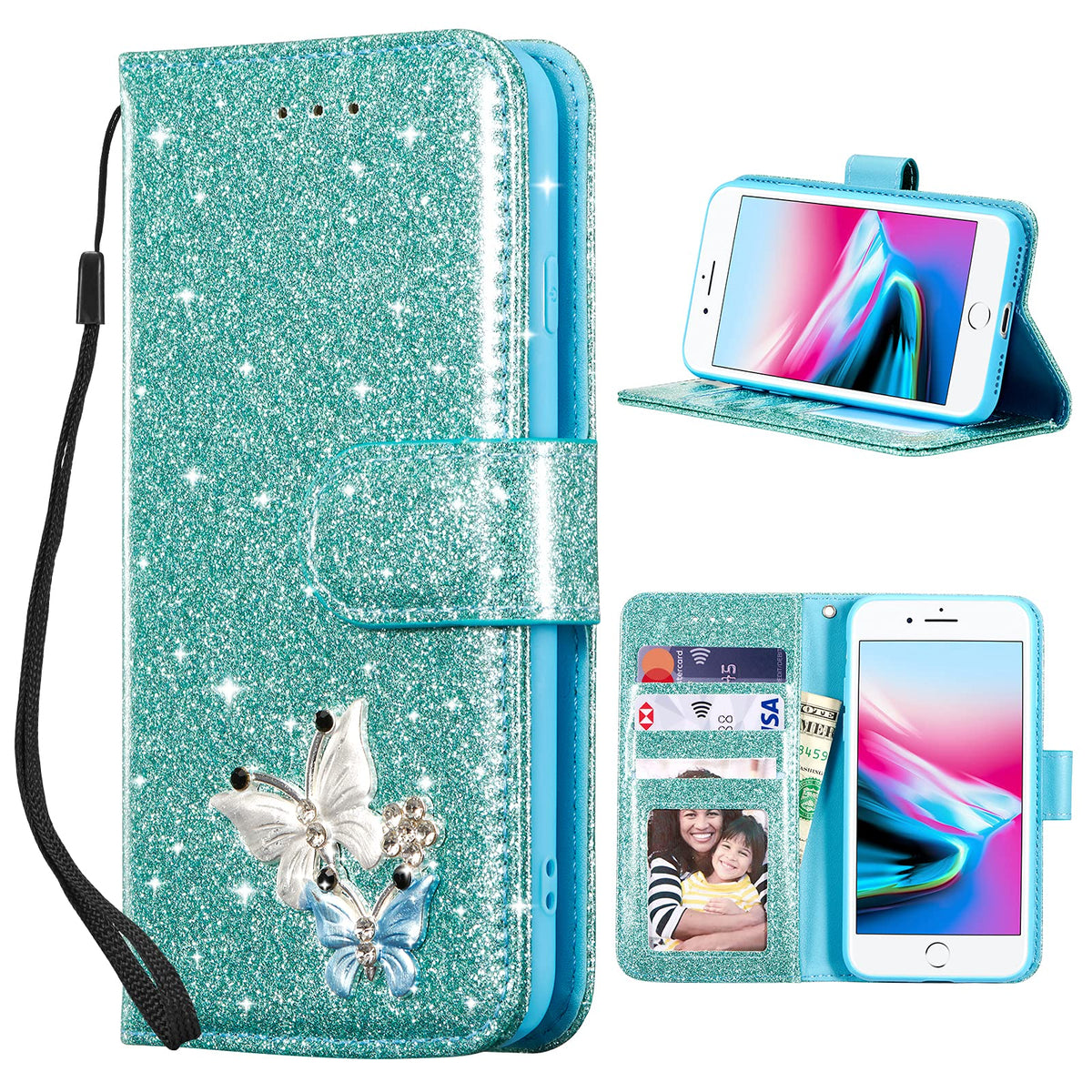 Ueebai Wallet Case For Iphone Se 2022 5G/Iphone 7/Iphone 8/Iphone Se 2020, Premium Glitter Pu Leather Phone Case Card Slots Case