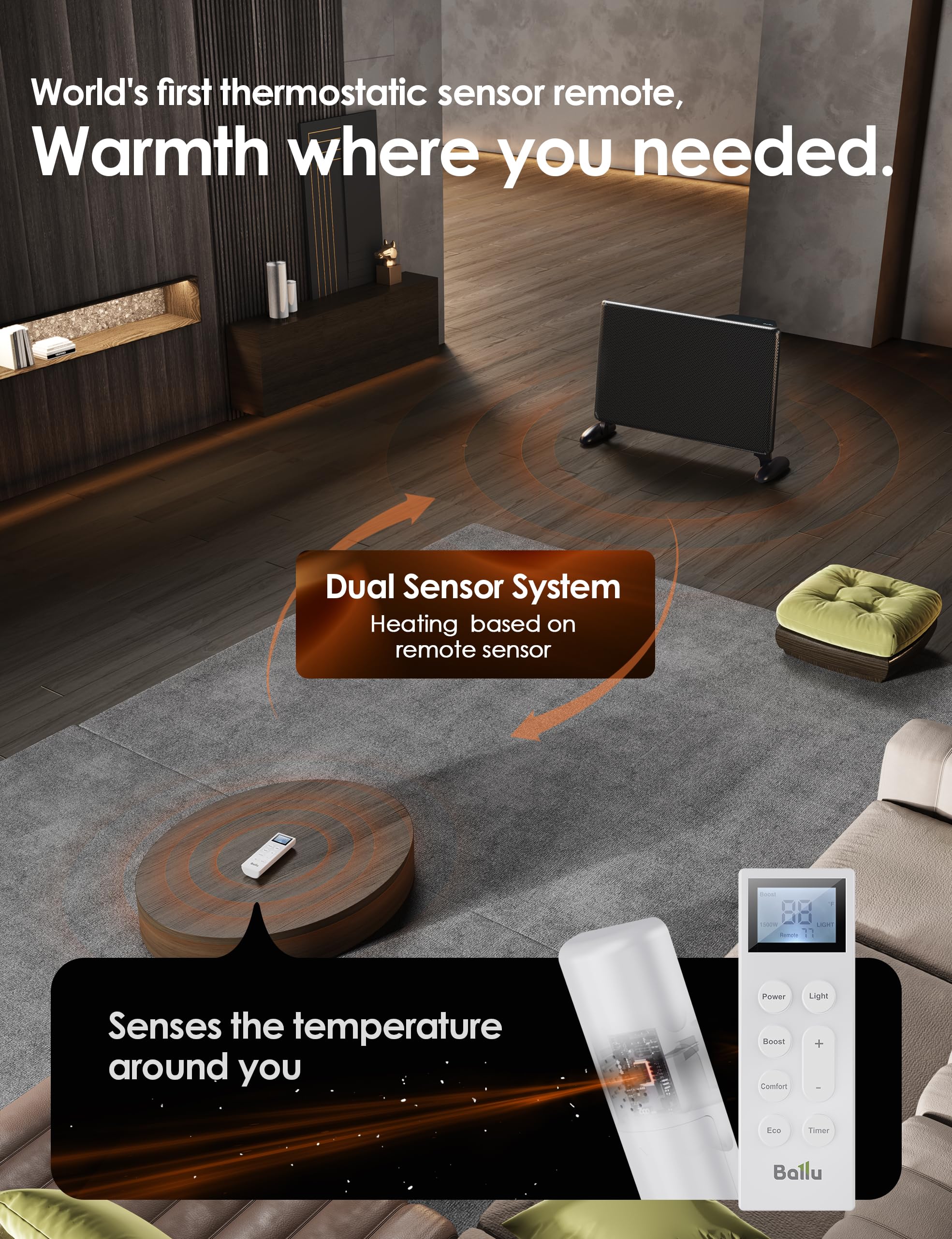 Ballu Mica Infrared Space Heater Indoor Use,Electric Panel Heater With Led Display Remote,Wifi App Control,Portable Stand Wall M