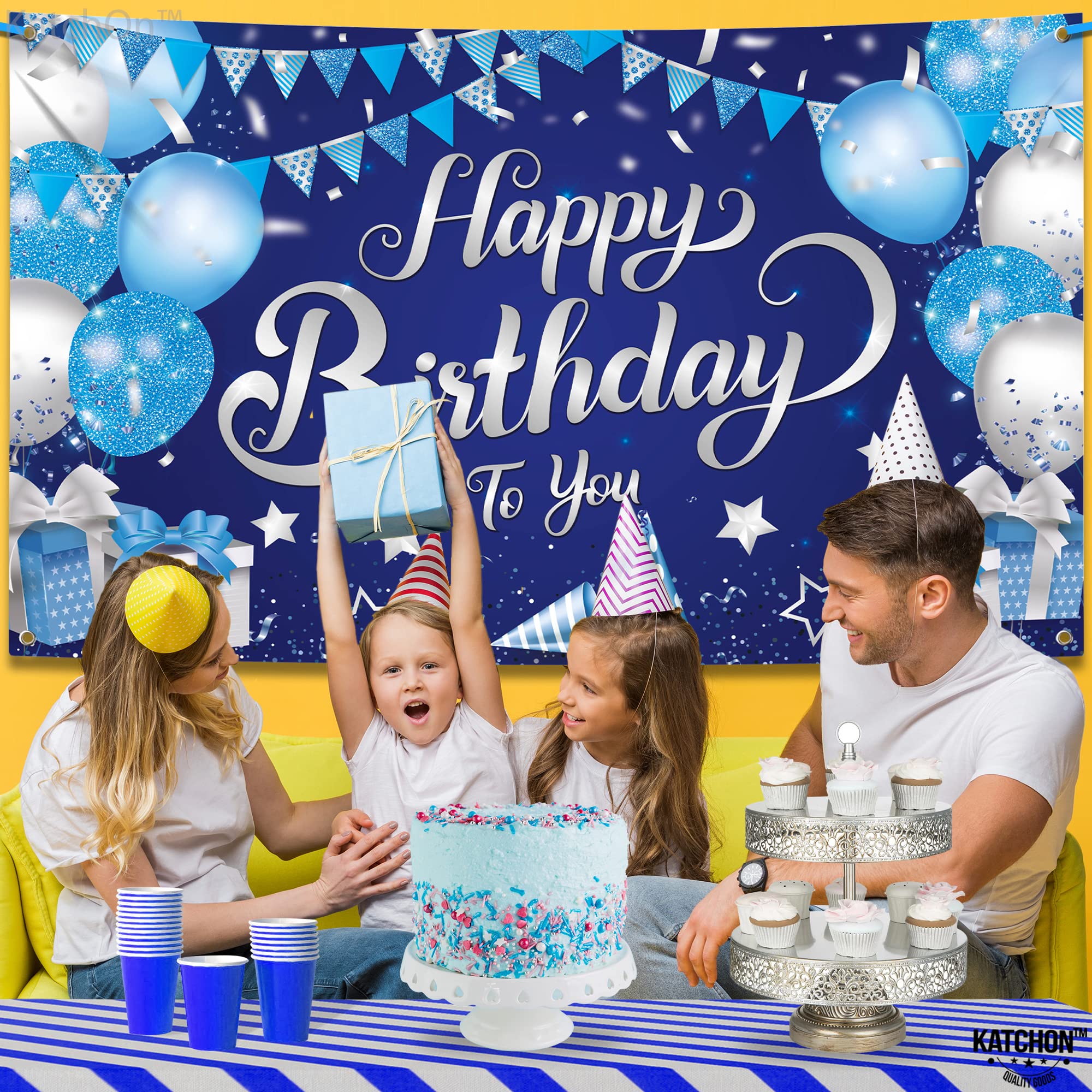 Katchon, Silver And Blue Happy Birthday Banner   Xtralarge, 72X44 Inch | Blue Happy Birthday Backdrop | Blue Birthday Banner For