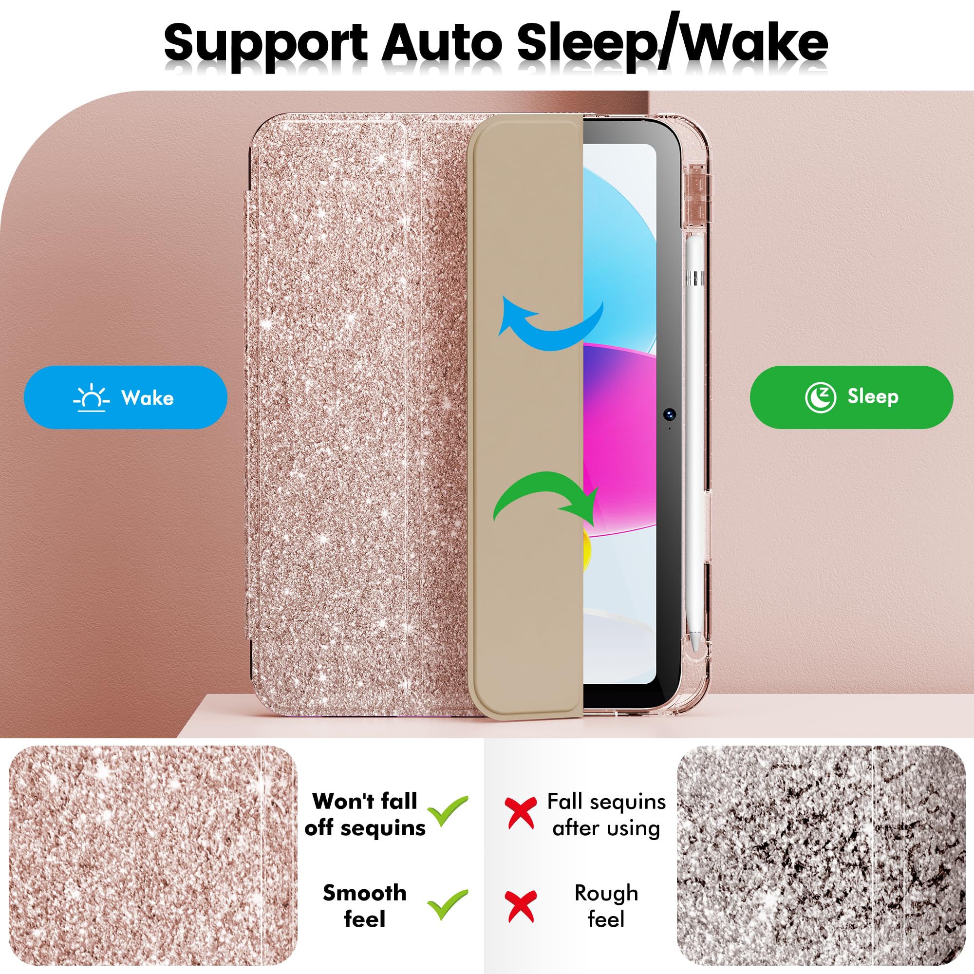 Infiland Compatible With Ipad 10Th Generation Case 10.9 Inch, Ipad A16 11 Inch 11Th Generation, Glitter Leather Cover With Sparkly Crystal Clear Back, Pencil Holder, Rose Gold