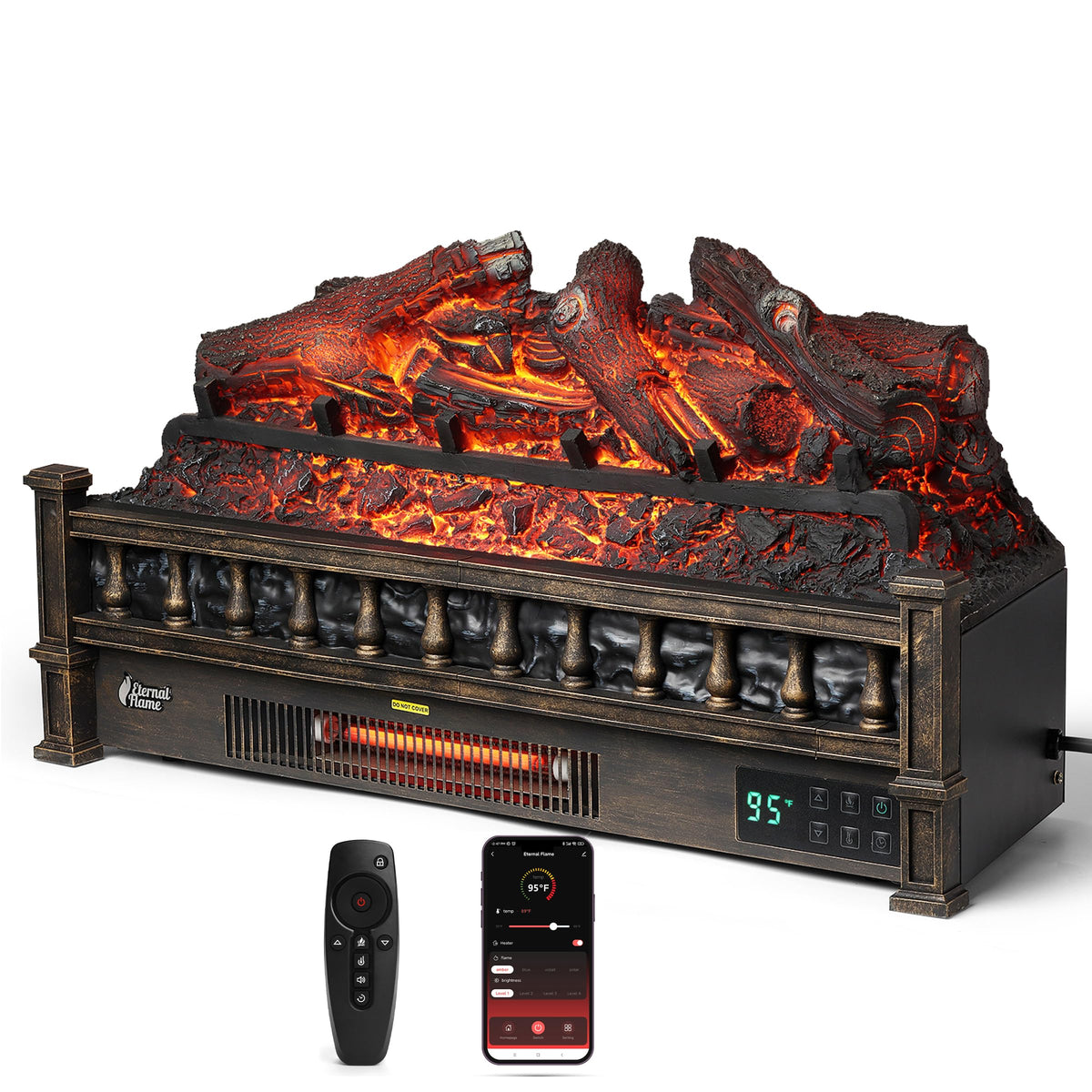 Turbro Eternal Flame 26 In. Wifi Infrared Quartz Electric Fireplace Log Heater With Sound Crackling, Realistic Lemonwood Logs, A