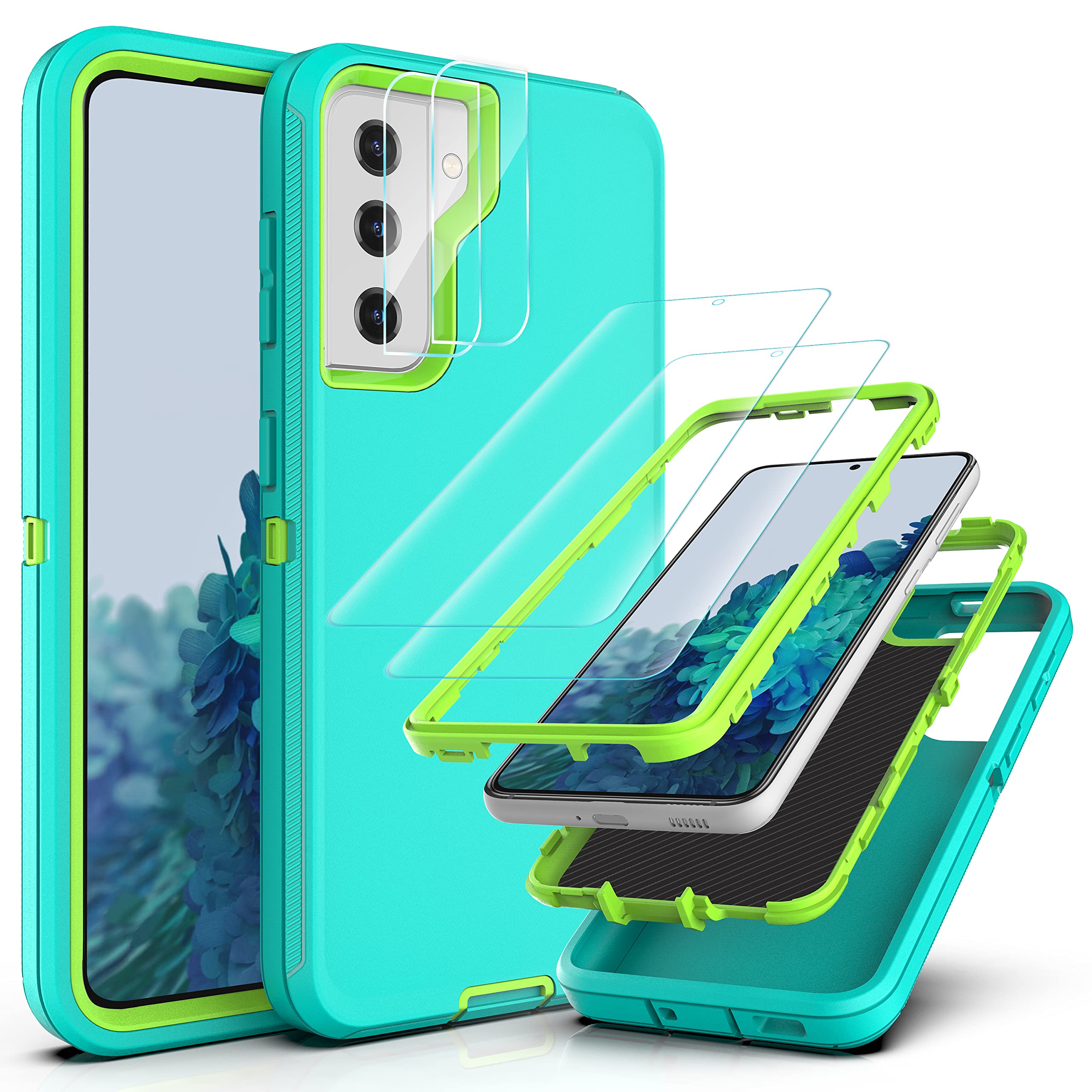 3 In 1 Heavy Duty Case For Galaxy S21 (Not For S21 Plus),With [ Flexible Tpu Film And Camera Lens Film] 2 Pack Shockproof, Drop