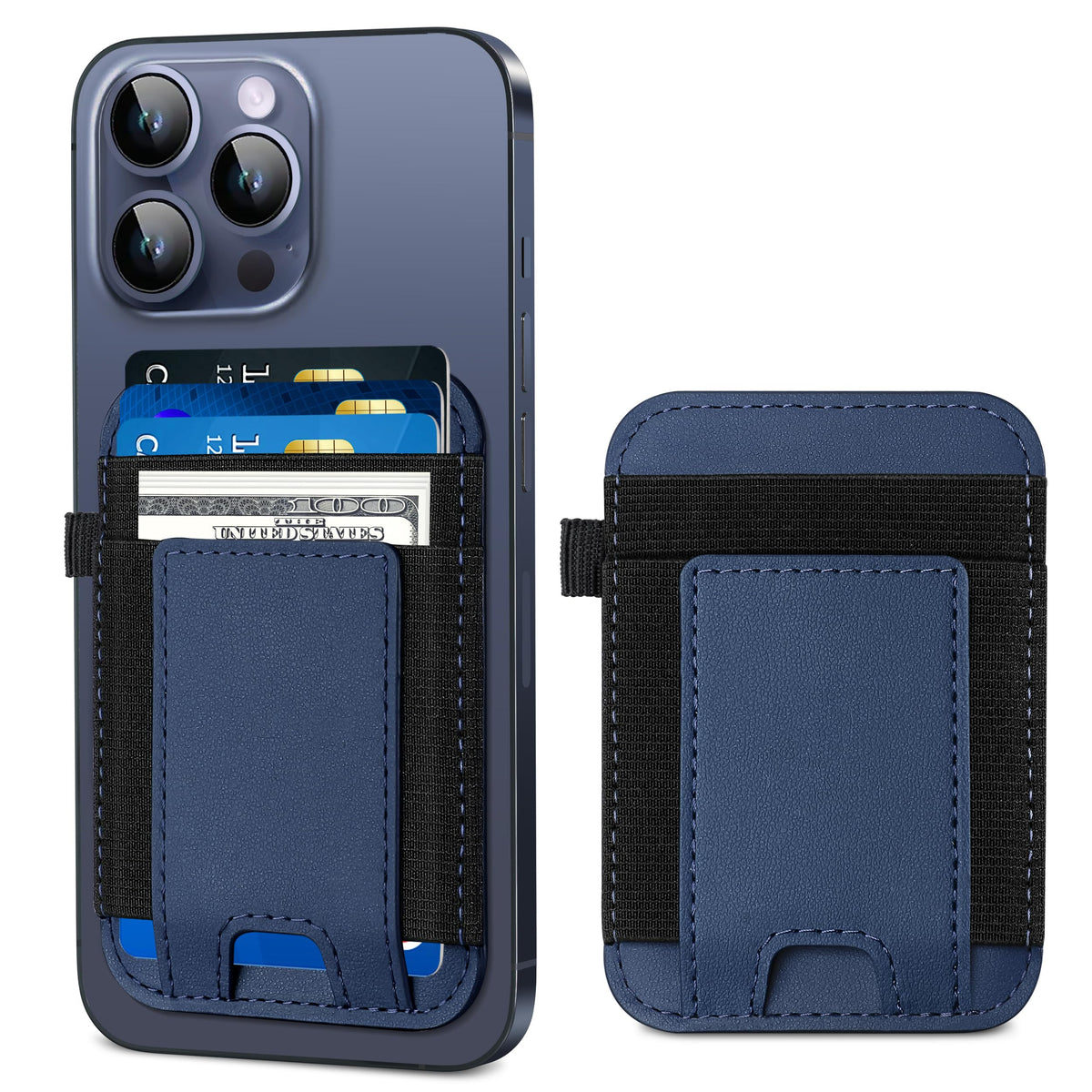 Extrelife Magnetic Card Wallet For Apple Iphone 15/14/13/12, Navy Blue, Faux Leather, Slim And Large Capacity, Max 2-7 Cards And