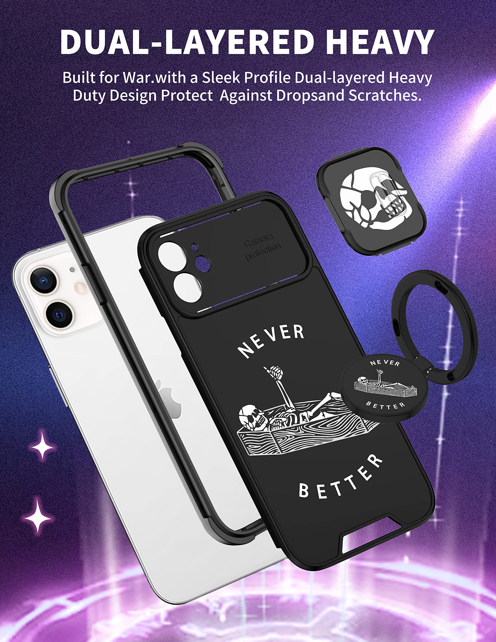 Goocrux (2In1 For Iphone 12 Case Skull Skeleton Women Girls Cute Gothic Phone Cover Ghost Horror Design With Slide Camera Cover+