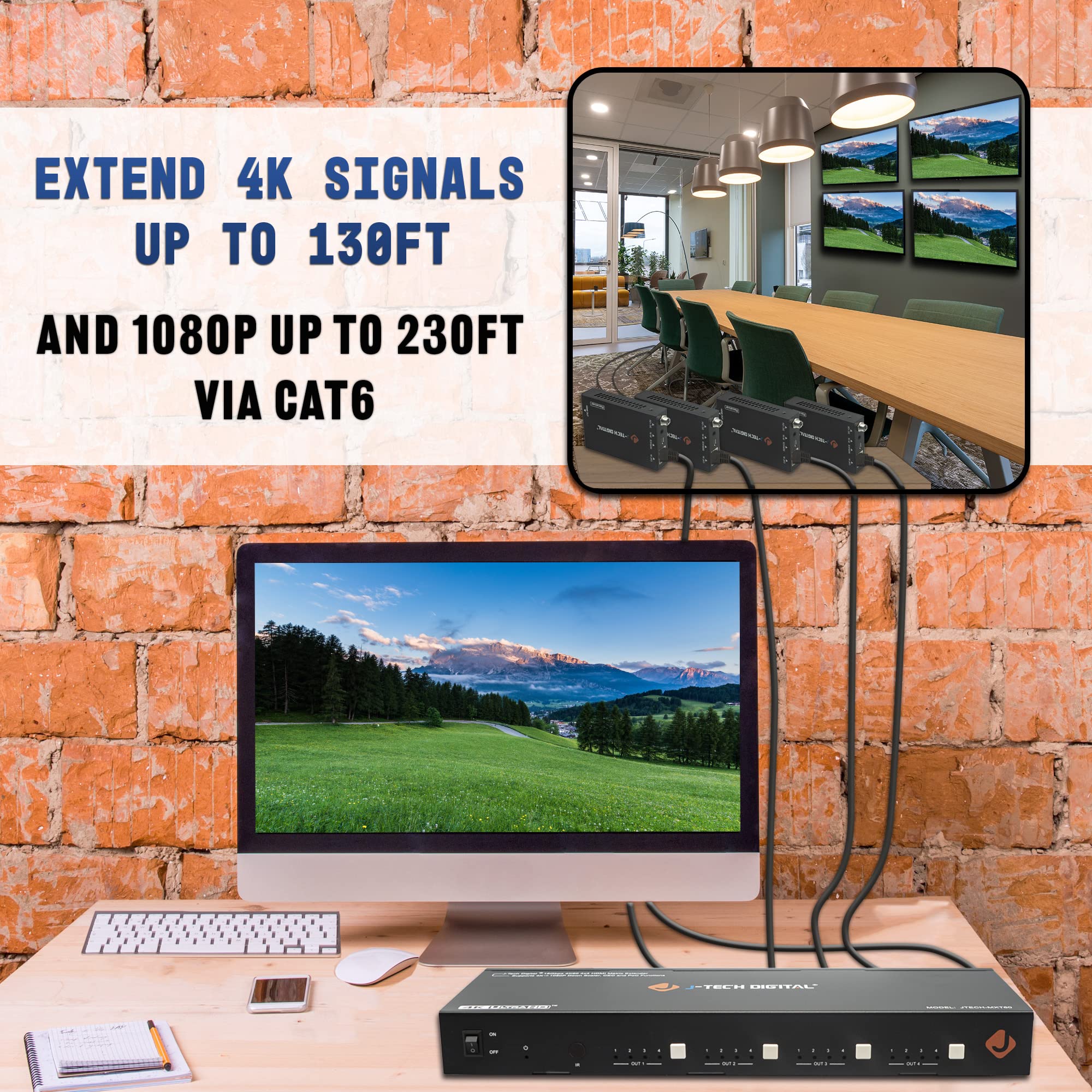 Hdmi 2.0 4X4 Matrix Switch Switcher Extender Hdcp 2.2 4K 60Hz 4:4:4 Hdr With 4 Poc Receivers Over Single Cat5E/6 Cable [Jtech Mx