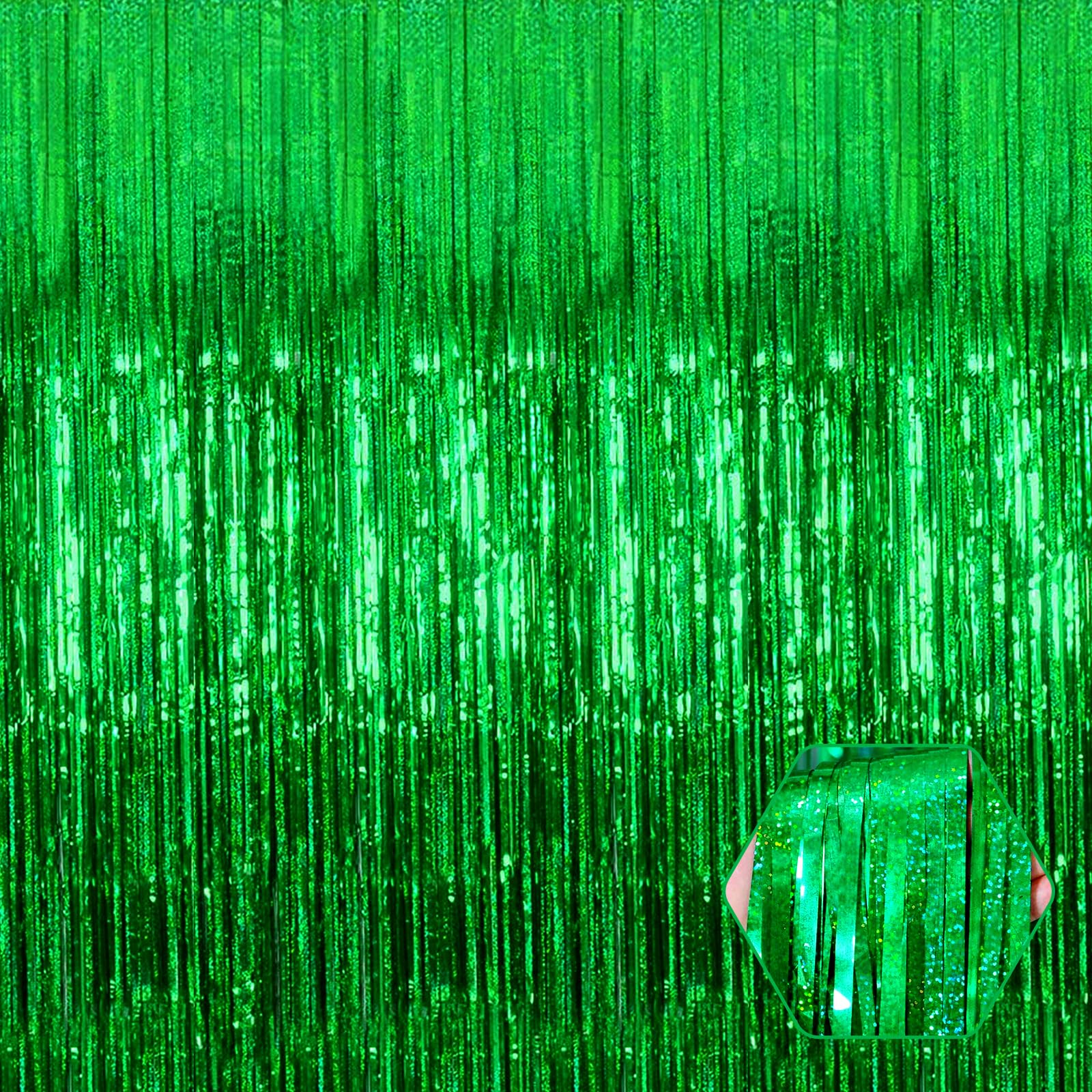 3 Pack Green Foil Fringe Curtain Backdrop, 3.28Ft X 8.2Ft Metallic Tinsel Foil Fringe Streamer Curtains For Photo Booth, Valenti