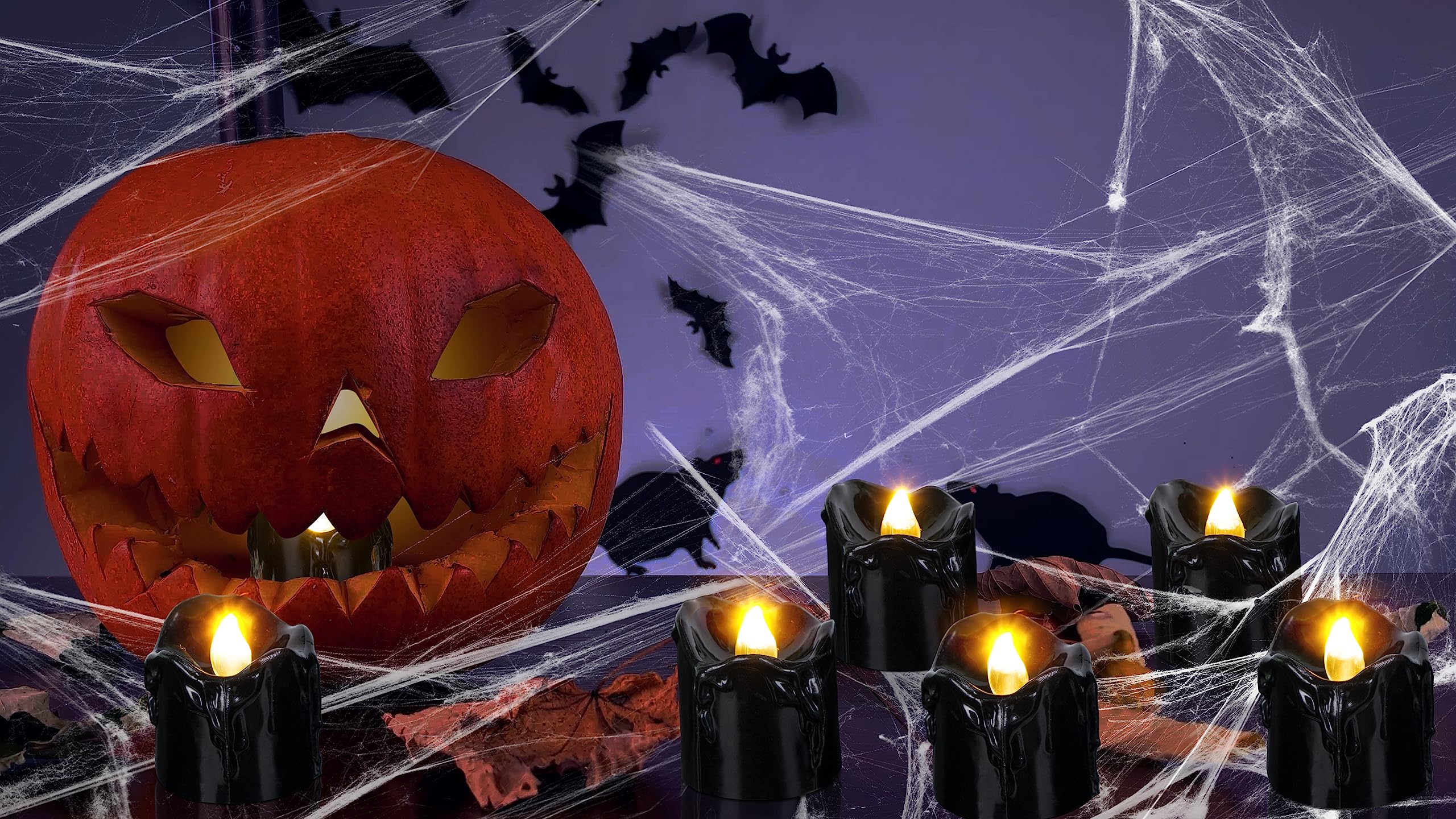 Renbuzhu 24Pcs Halloween Decorations Indoor Candles Black Tea Lights: Led Flameless Tealight Battery Operated Table Decor With S