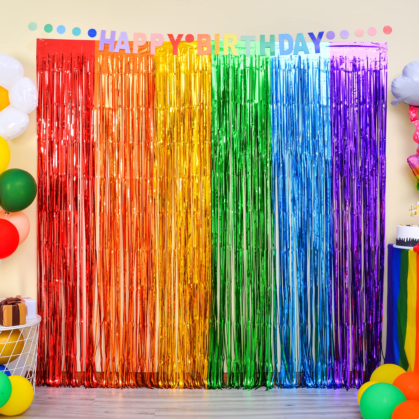 Lolstar Rainbow Photo Booth Props 4 Packs Rainbow Party Decorations 13.2X6.6 Ft Foil Fringe Curtains Tinsel Metallic Streamers H