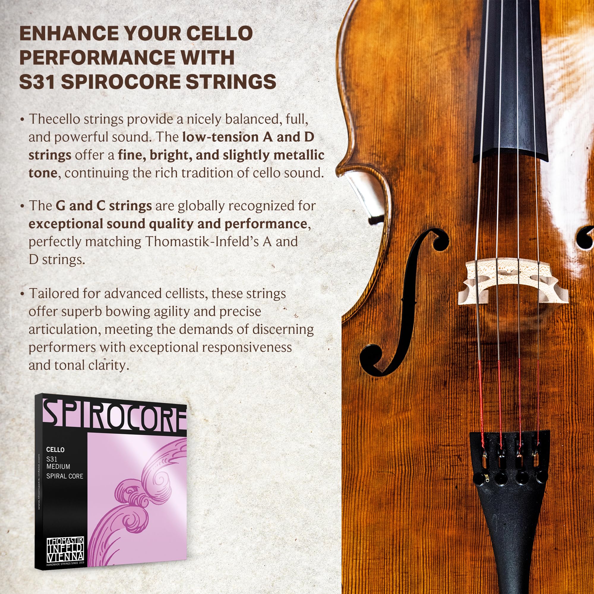 Thomastik Infeld Spirocore Cello Strings Set 4/4 Size   Flexible Cello Strings 4/4 Set With Exceptional Sound And Bow Response
