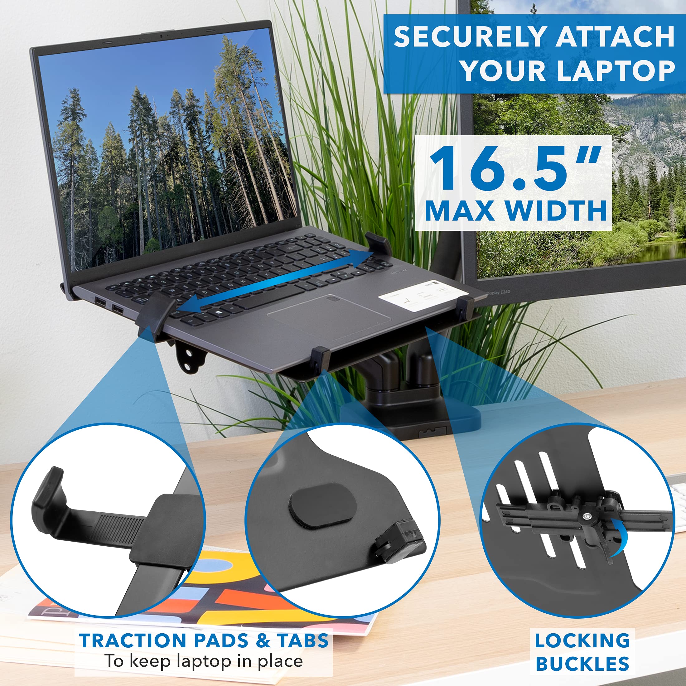 Mount It! Laptop and Monitor Desk Stand   Full Motion Laptop Arm Stand   Ergonomic Adjustable Monitor Mount   VESA Monitor Desk Mount with Laptop Tray