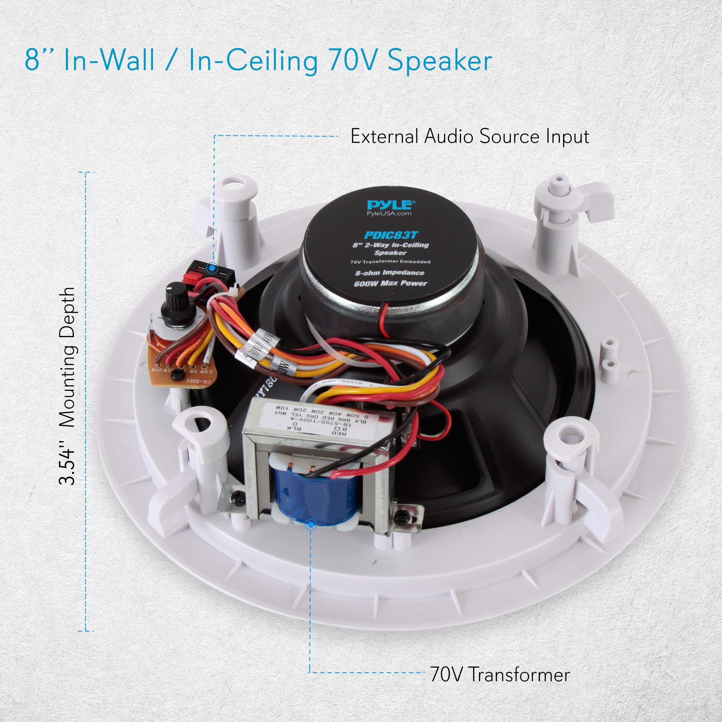 Pyle Ceiling And Wall Mount Speaker - 8    2-Way 70V Audio Stereo Sound Subwoofer Sound With Dome Tweeter, 600 Watts, In-Wall &
