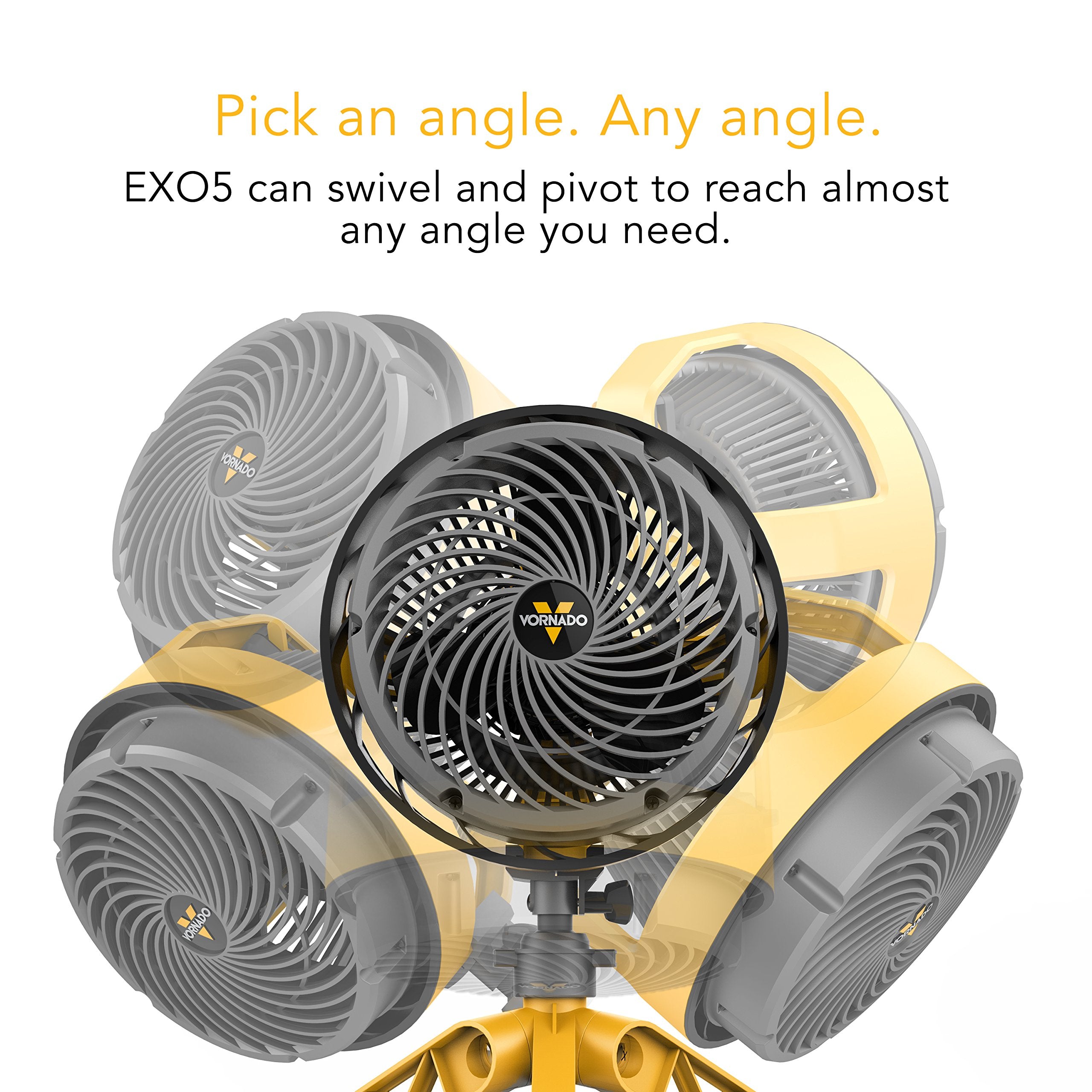 Vornado Exo5 Heavy Duty Shop Air Circulator Fan With High Impact Housing, Collapsible Tripod Base, Clamp Attachment, Yellow, 7 I