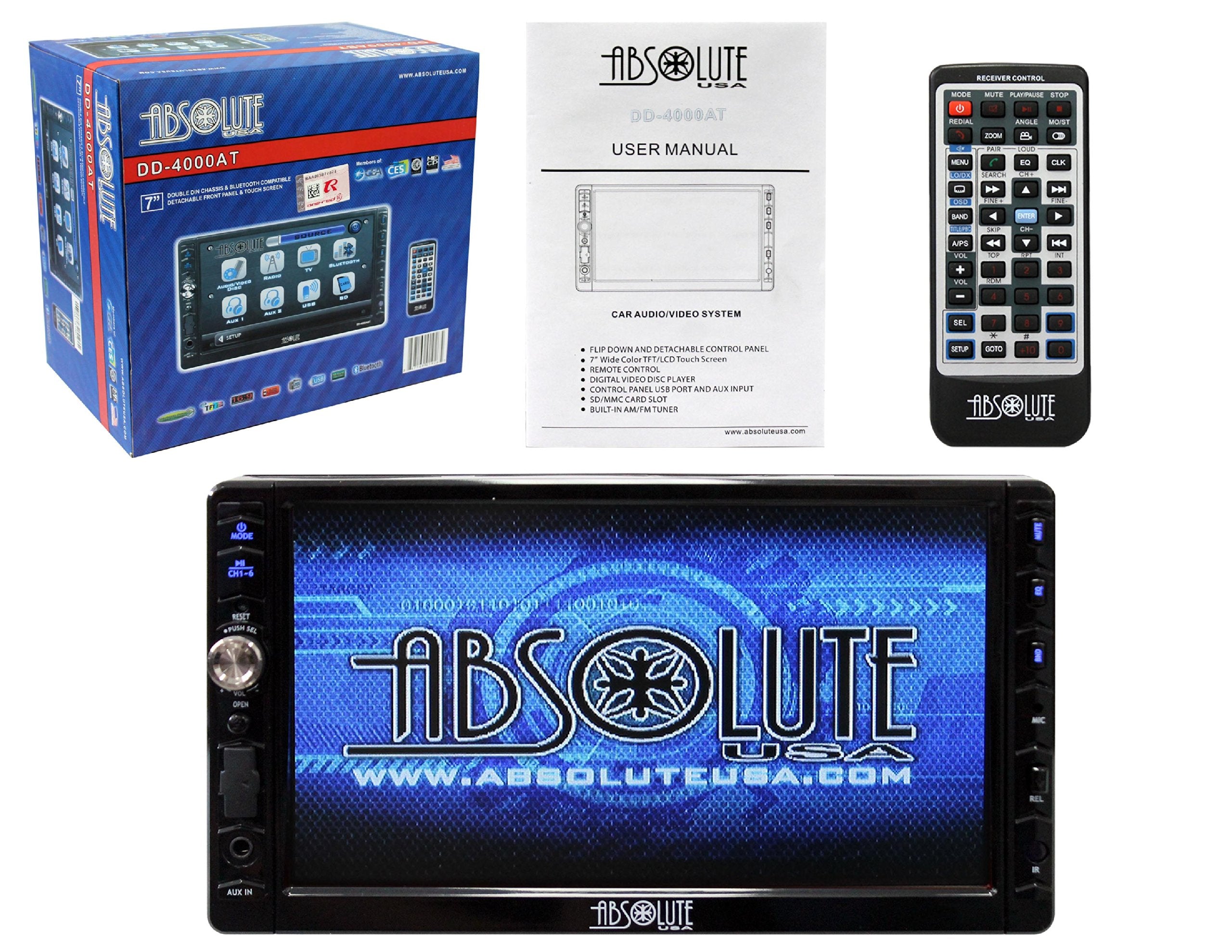 Absolute Usa Dd 4000At 7 Inch Double Din Multimedia Dvd Player Receiver With Touch Screen System Display And Detachable Front Pa