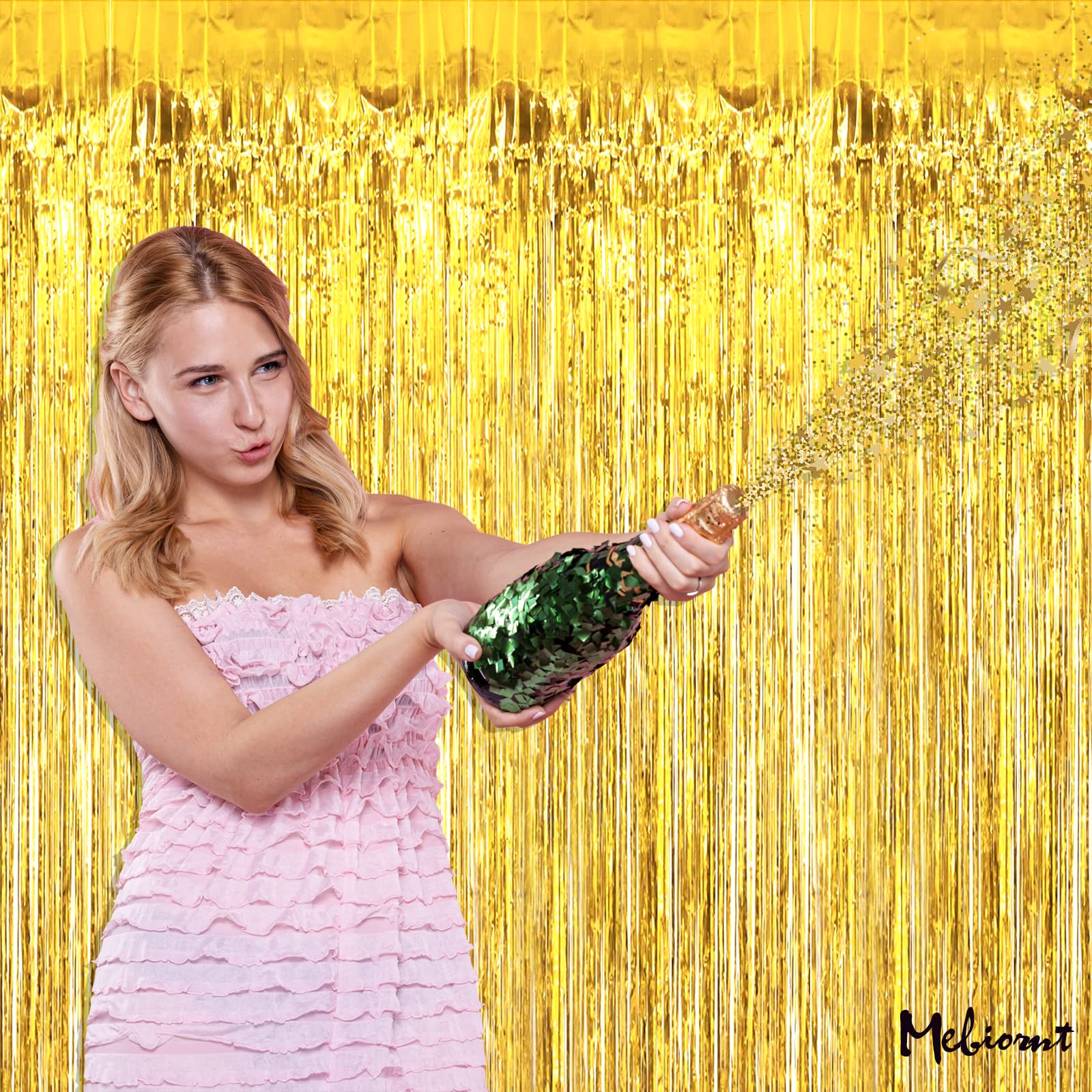 4 Pack Gold Fringe Curtain Backdrop, 3.2Ft X 9.8Ft Metallic Tinsel Foil Fringe Streamers Background For Photo Booth Birthday Wed