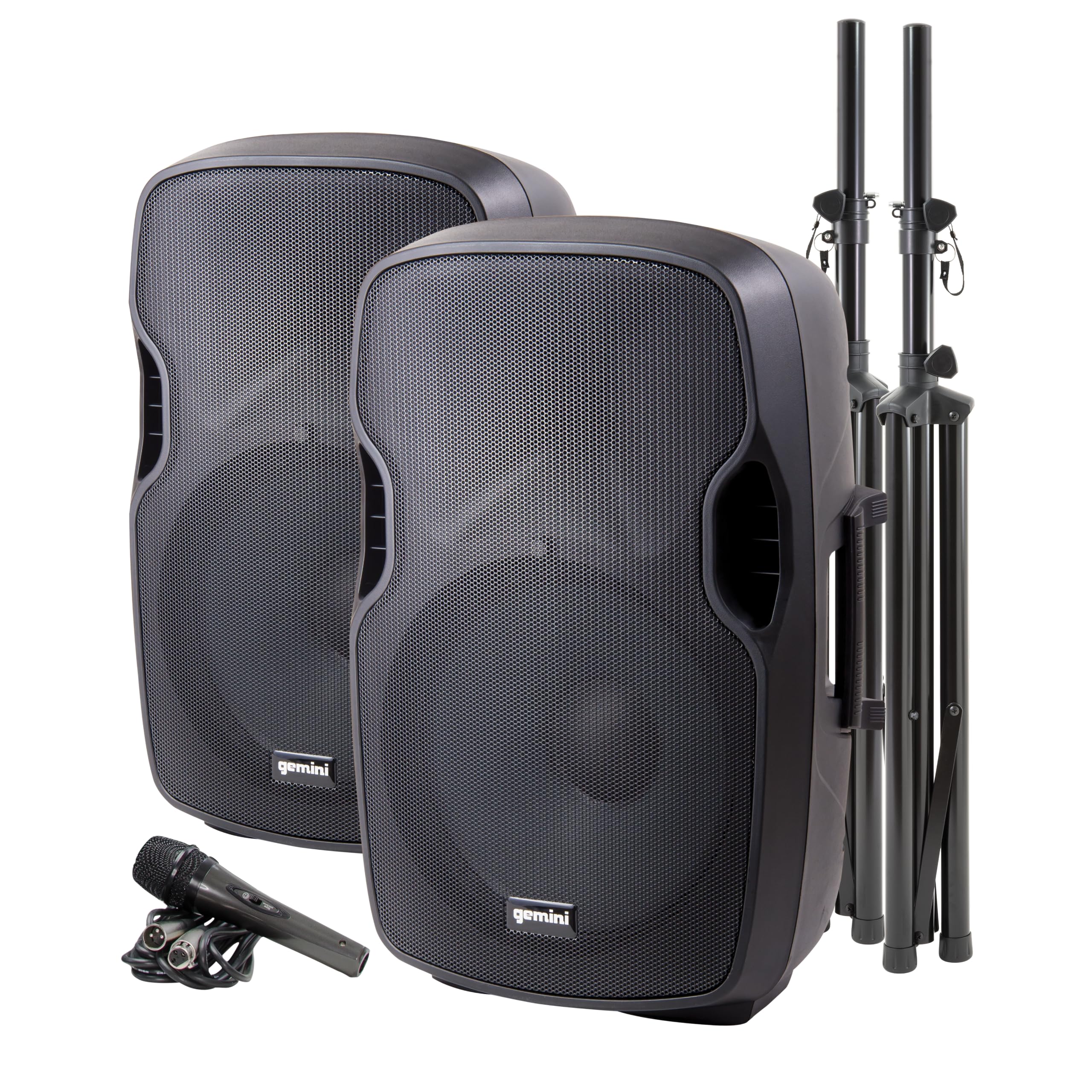 Gemini PA-SYS15 Complete Portable Bluetooth PA Speakers System Package, Dual Active and Passive 2000W Speakers, Stands and Micro