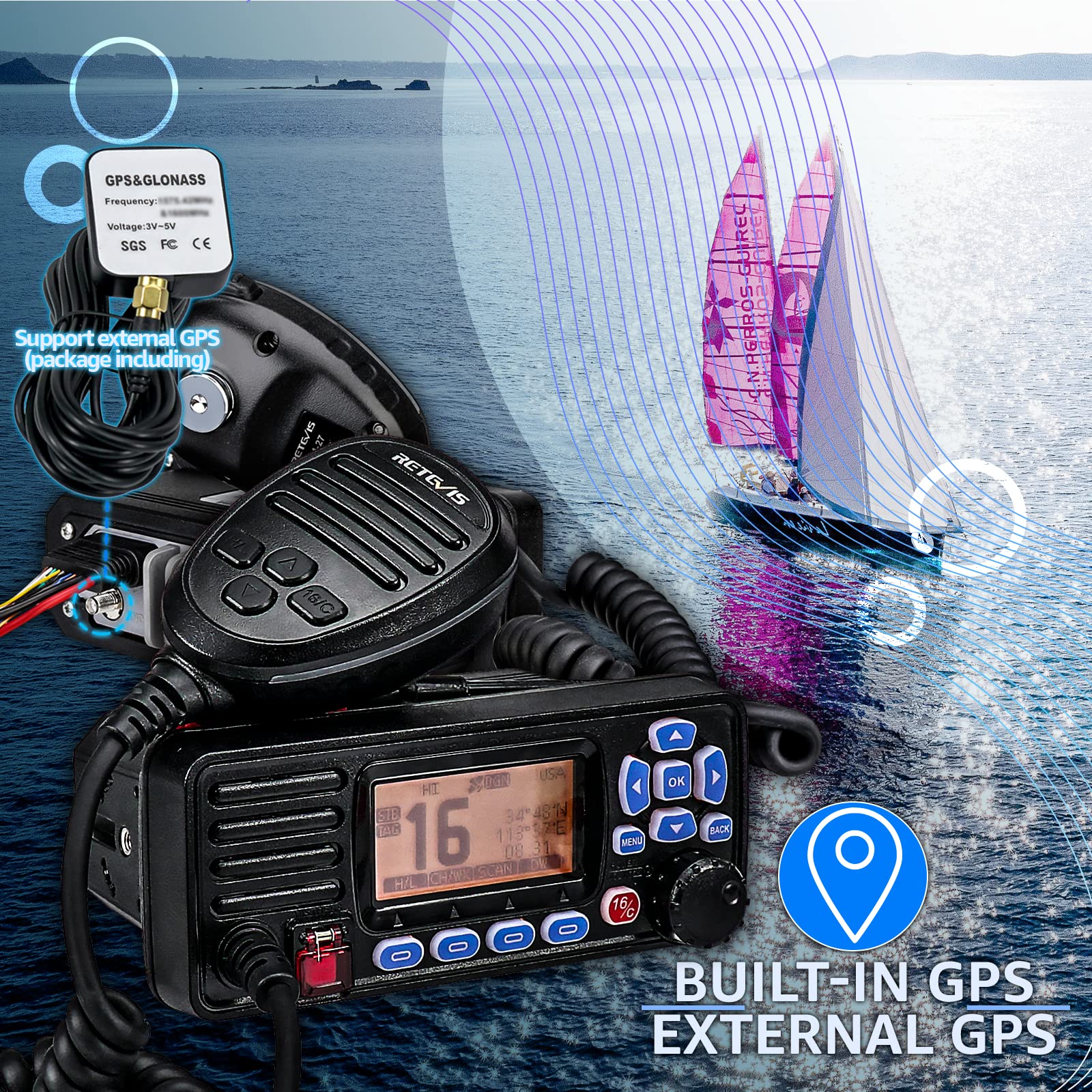 Retevis Ra27 Fixed Mount Marine Radio With Gps,Waterproof Ip67,Triple Watch,Dsc,Emergency Noaa Weather,All Usa/International/Canadian Marine Channels,Ship To Shore Radio For Boats,Black