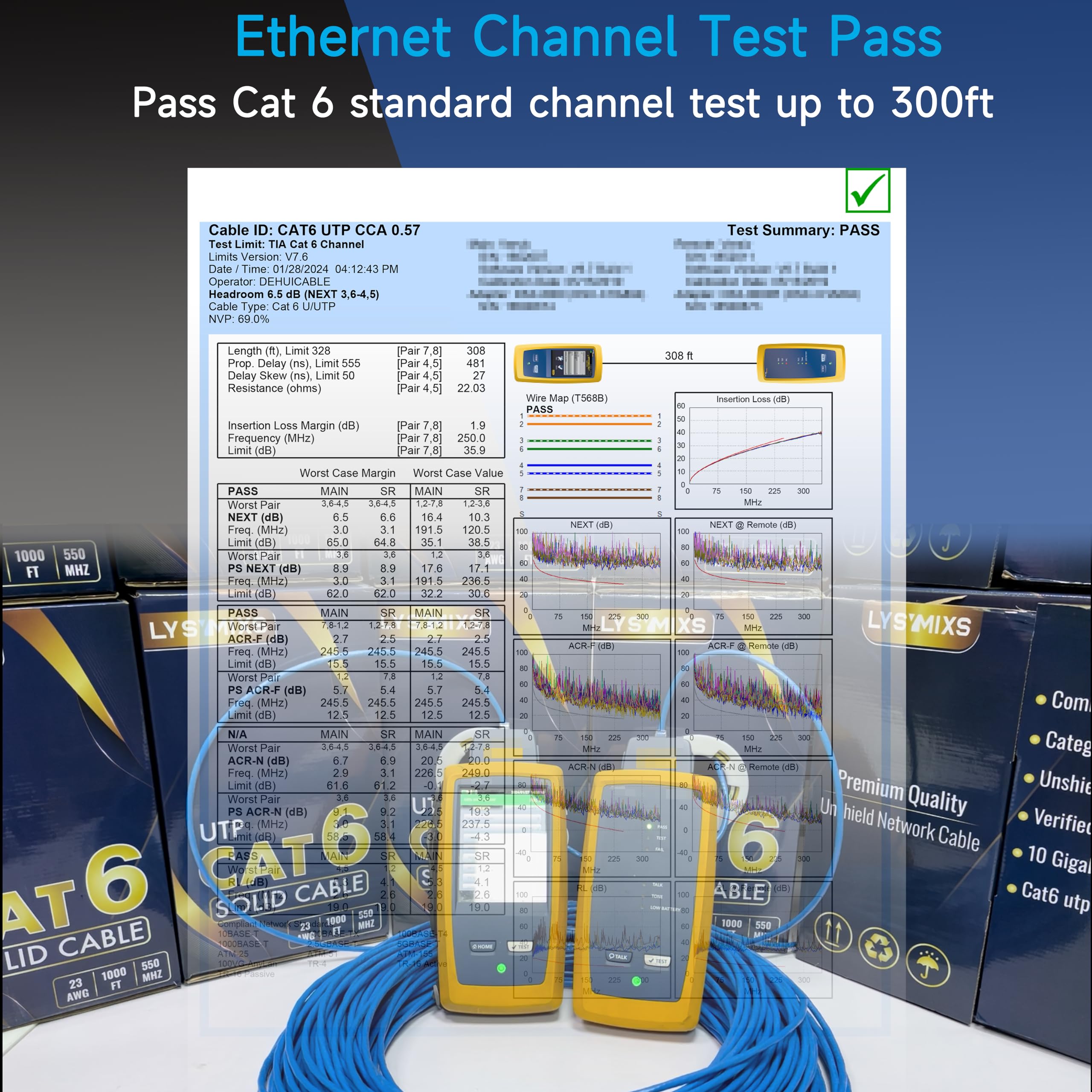 Lysymixs Cat6 Ethernet Cable 1000Ft Channel Test Pass, Cat6 1000Ft Ethernet Cable 23Awg Solid Cca, Cat6 Cable 550Mhz 10G With Ea