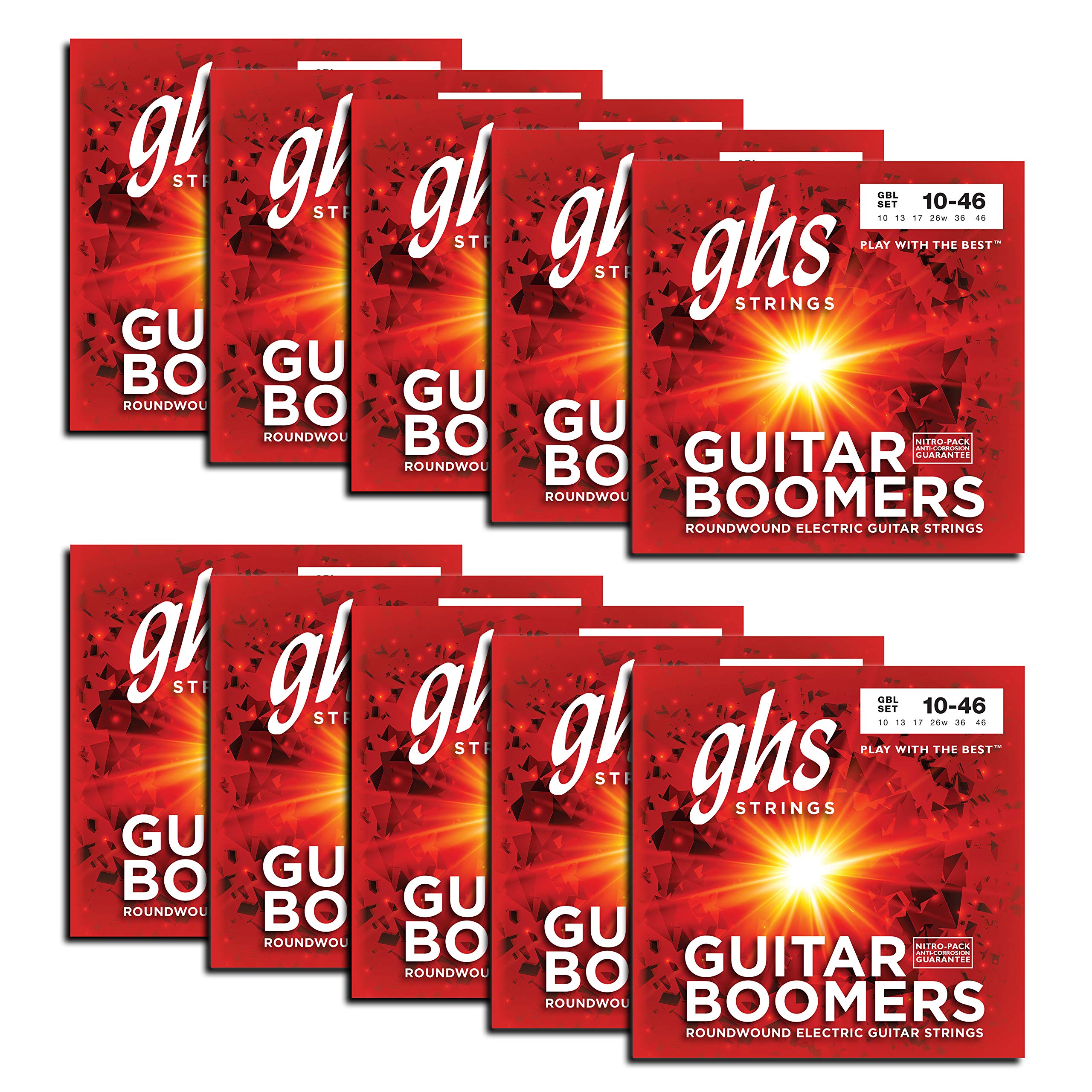 GHS Strings GBL 10 pack Guitar Boomers Nickel Plated Electric Guitar String, Light, 10-46, Pack of 10