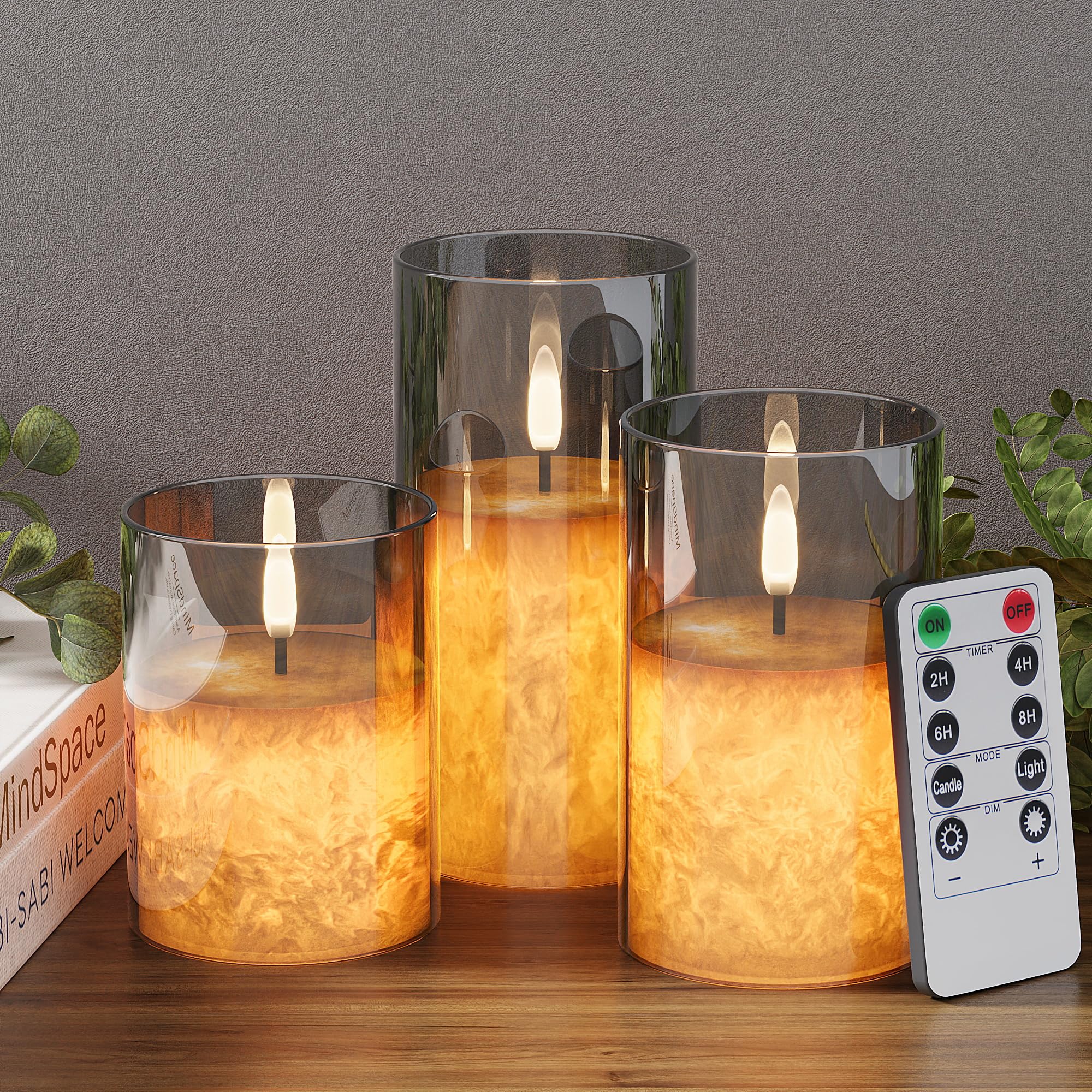 Viodaim Crystal Texture Design Flickering Flameless Candles With Remote & Timer, Real Wax Battery Operated Candles With Flickeri