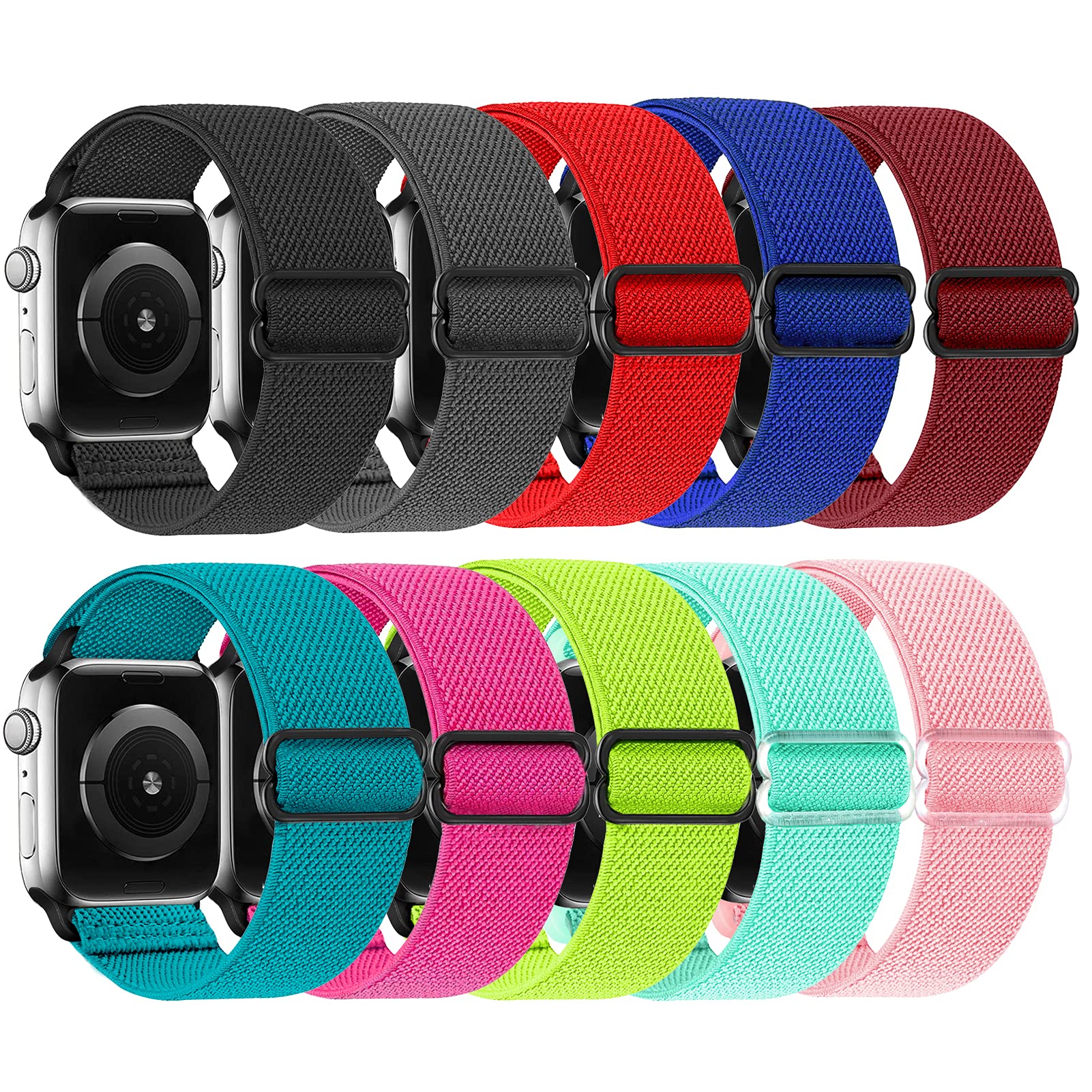 ShuYo 10 Pack Stretchy Solo Loop Compatible with Apple Watch Band 40mm 38mm 41mm 42mm 44mm 45mm 46mm 49mm Women Men,Soft Nylon E