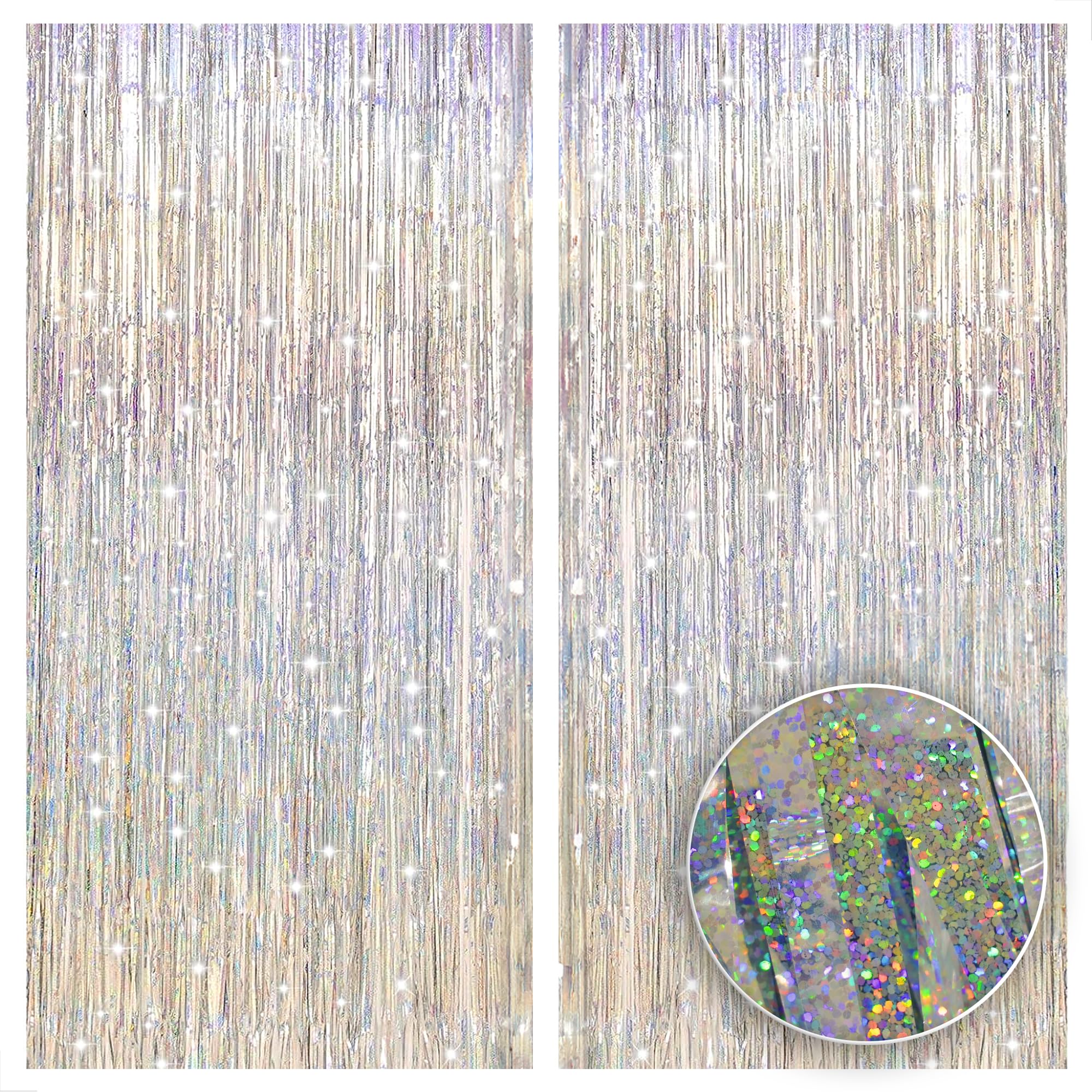 Katchon, Iridescent Silver Backdrop Curtain   Xtralarge, 3.2X8 Feet, Pack Of 2 | Iridescent Silver Fringe Backdrop | Silver Stre