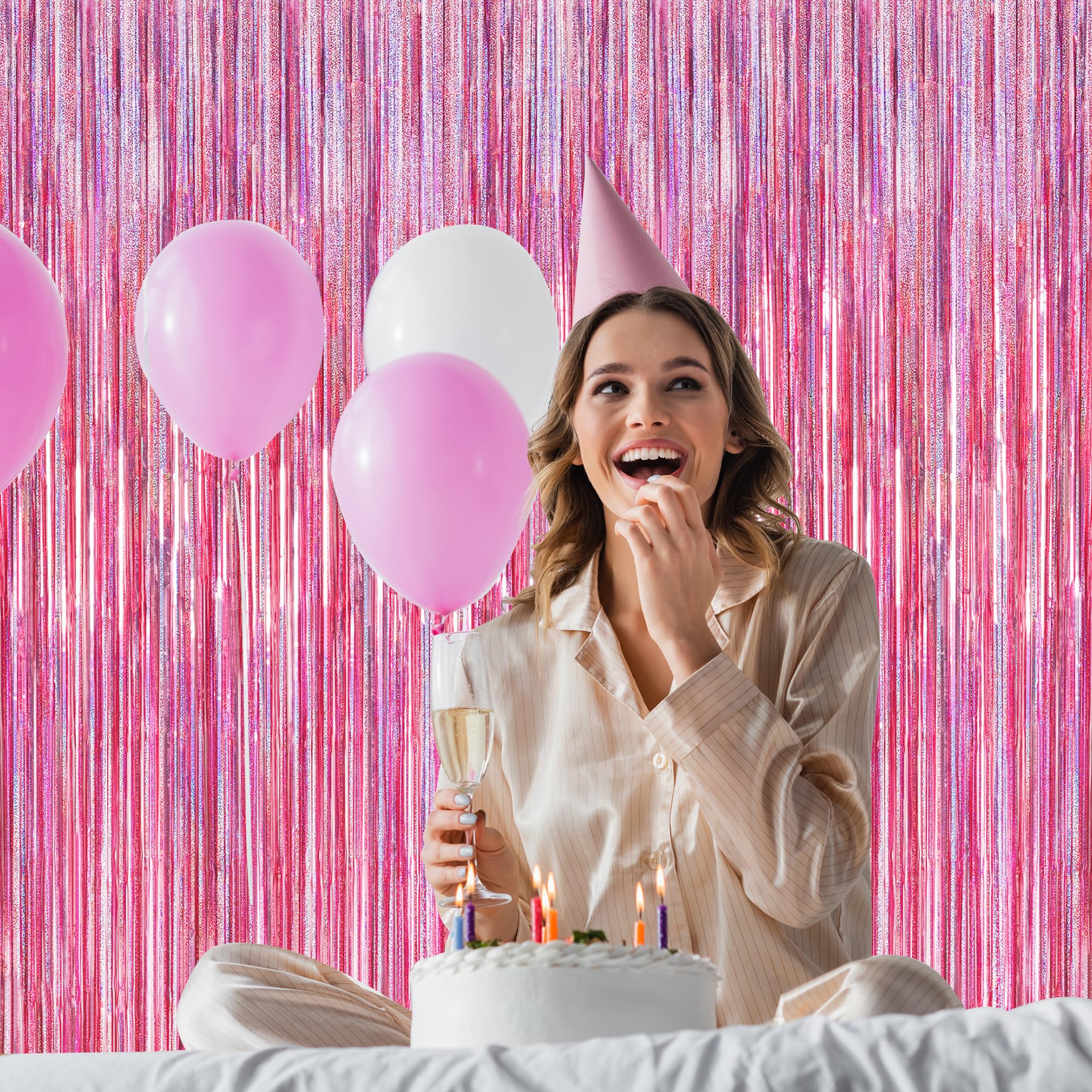 4 Pack Pink Backdrop, 3.28 Ft X7.05 Ft Foil Fringe Curtains, Metallic Glitter Pink Streamer Fringe Backdrop Foil Curtains, Laser