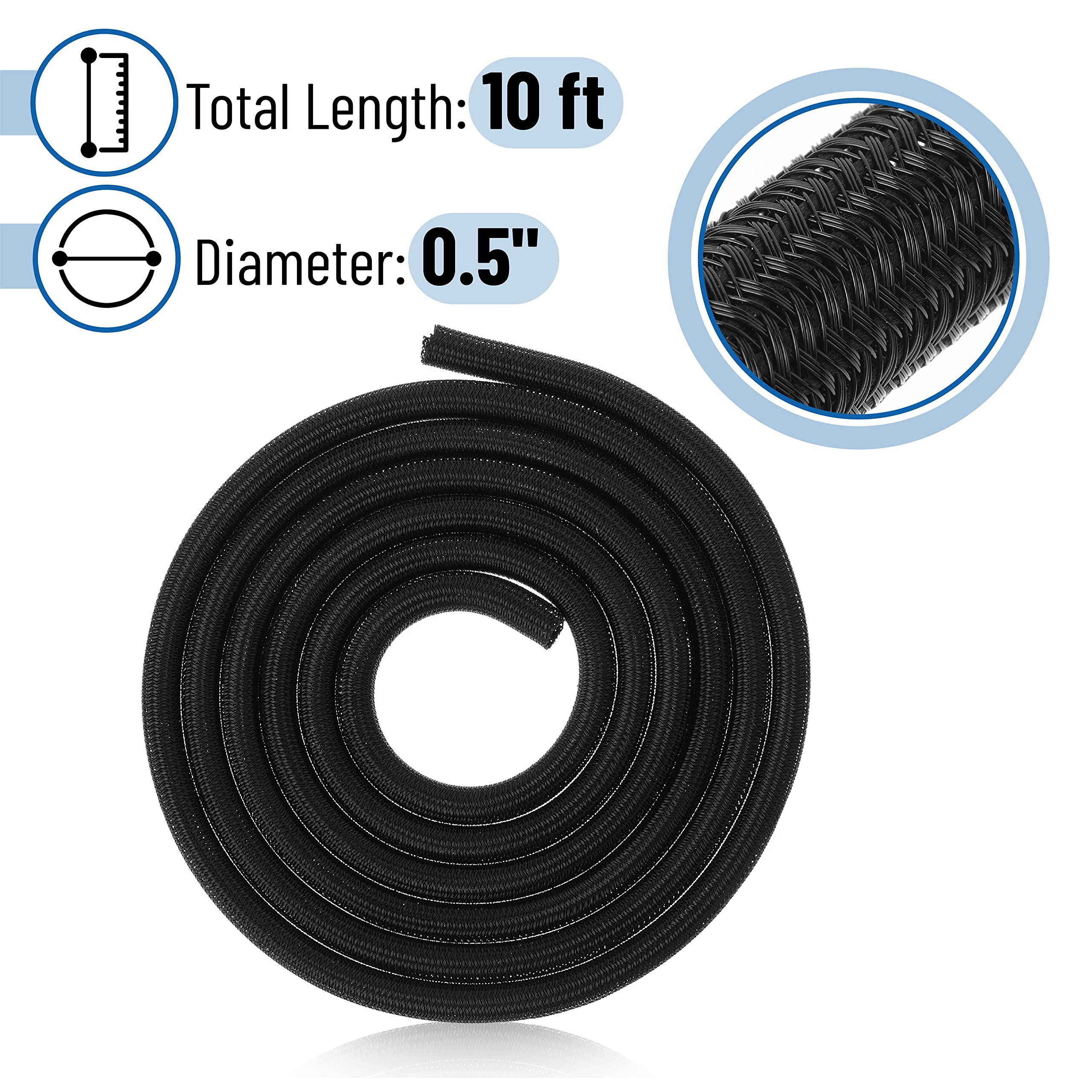 Bates  Cable Sleeves, 1/2 Inch 10Ft Long, Split Sleeve Wire Loom Tubing, Cable Management Sleeve, Cable Wrap, Wire Wrap, Wire Sl