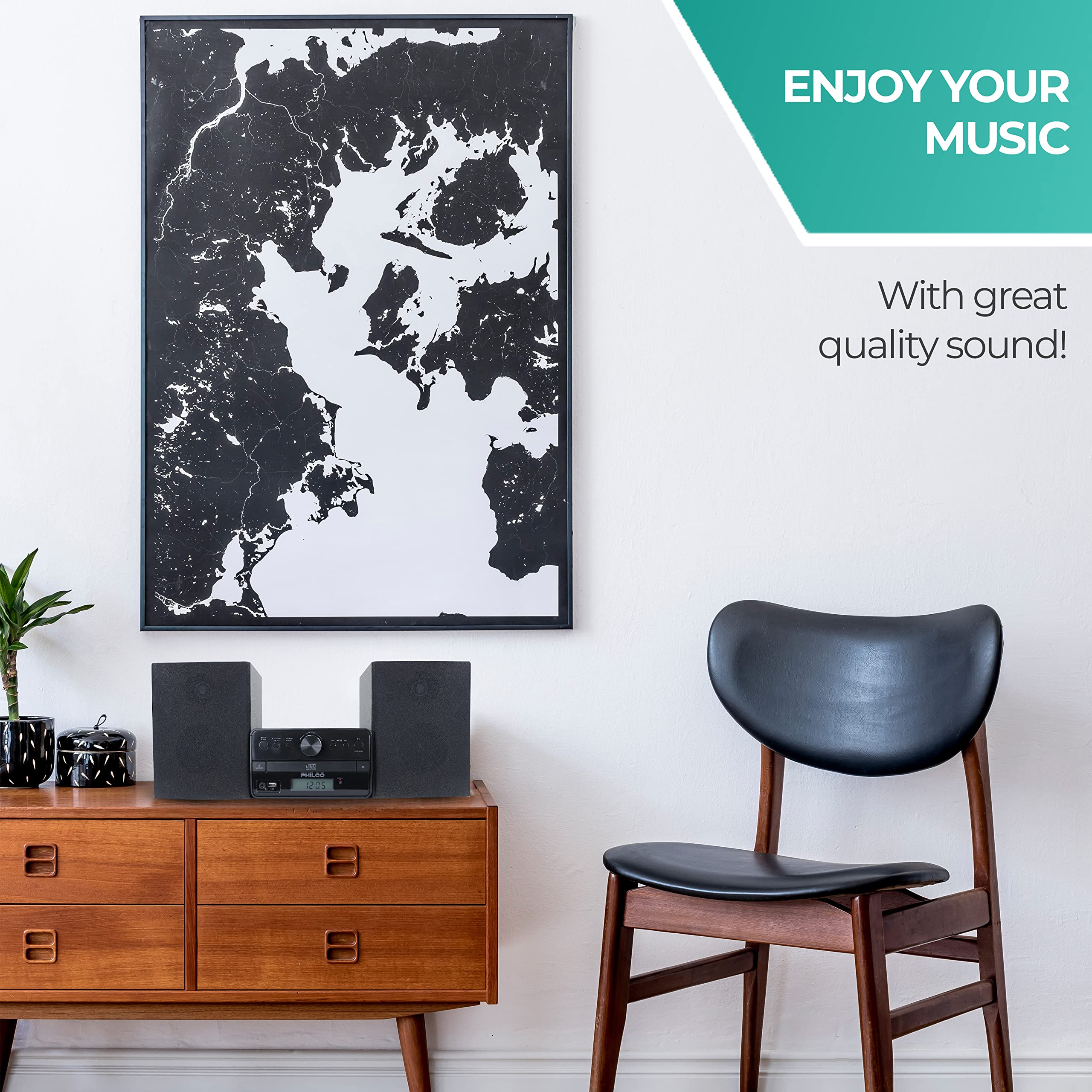 Philco Stereo Shelf Systems Tray Loading Cd Player With Digital Fm Radio, Bluetooth Streaming, Remote Control In Black | Lcd Dis