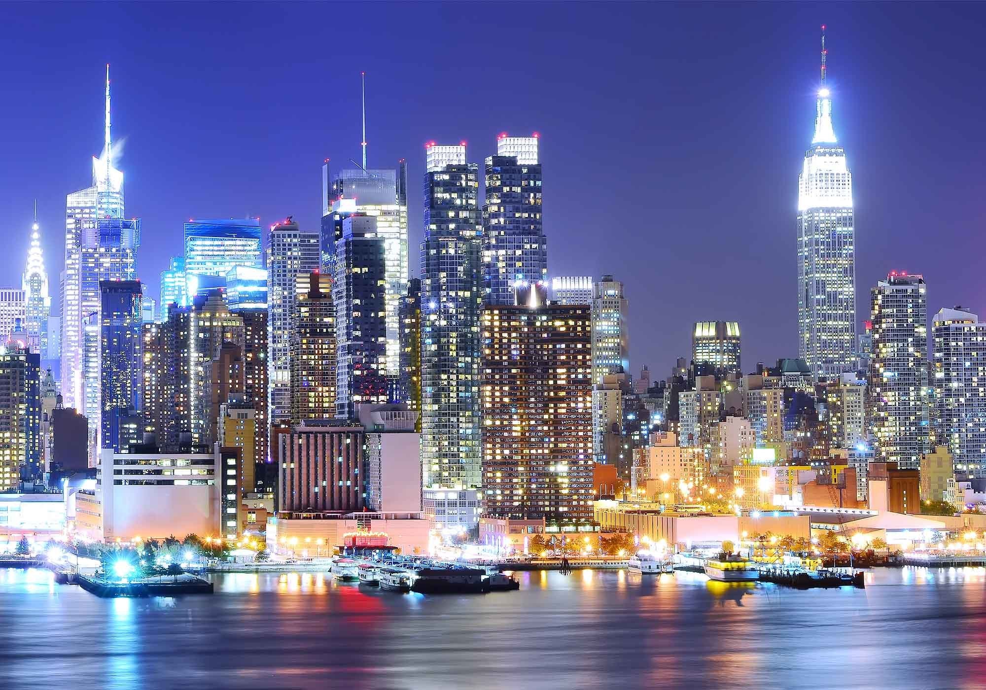 Mtmety New York City Backdrop Manhattan Night Scene Skyscraper Urban Light Background Video Studio Photo (Vinyl 10X7Ft)
