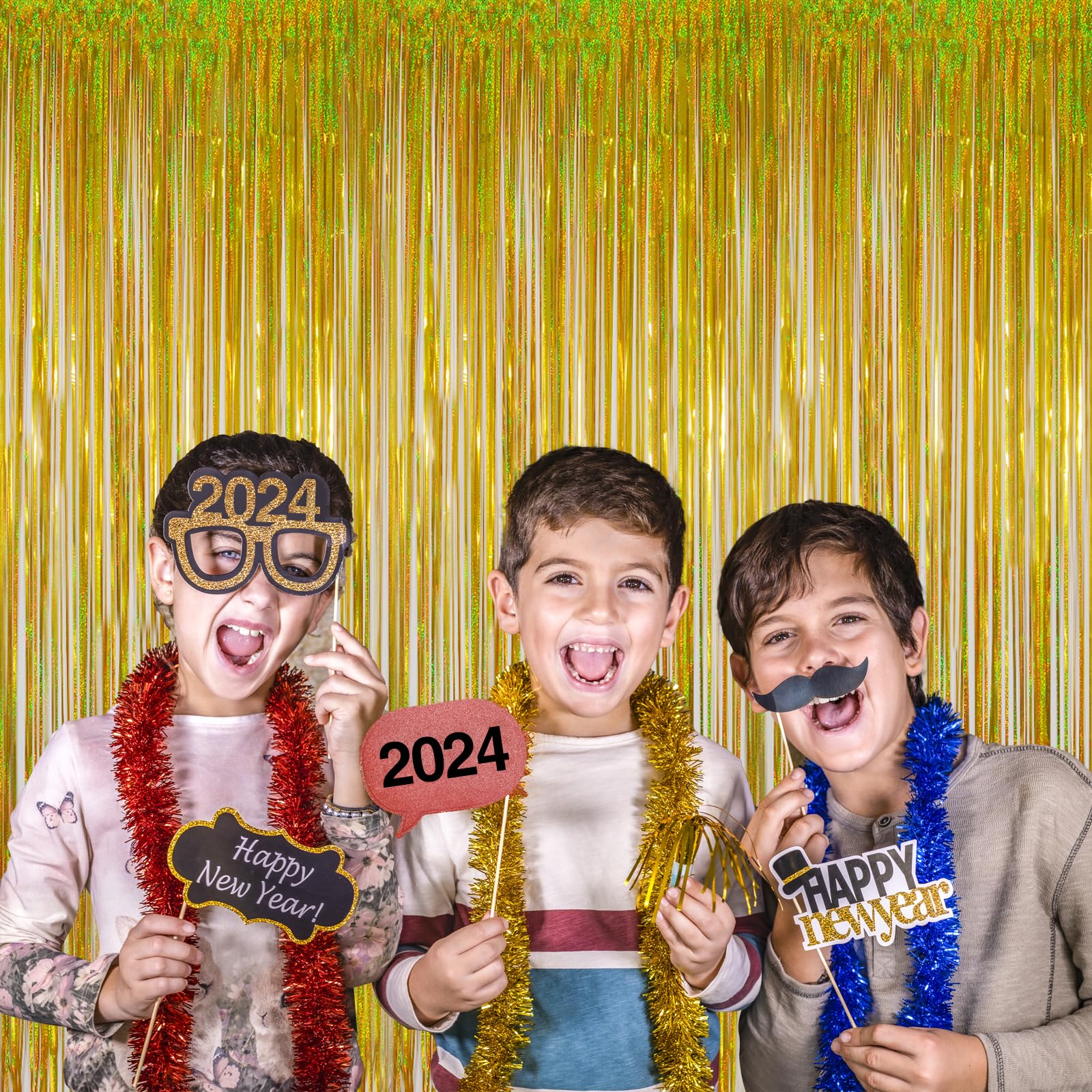 Melsan Gold Foil Curtain, 2 Pack 3.2 Ft X 8.2 Ft Tinsel Foil Fringe Curtains Backdrop, Sparkle Metallic Foil Fringe Curtains For