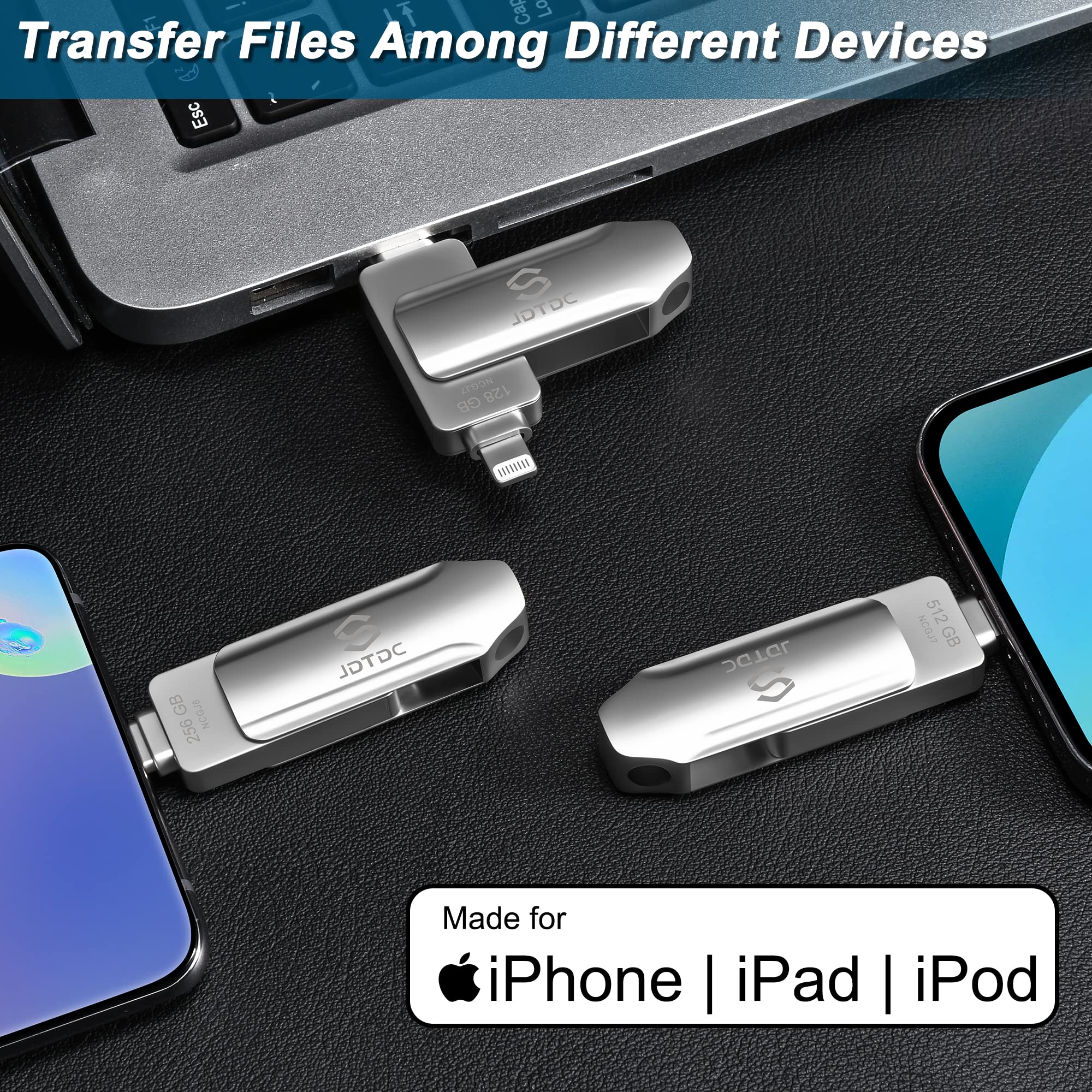 JSL JDTDC 128GB USB-C & Lightning Flash Drive, MFi Certified, Silver, JD008 - Secure Auto Backup for iPhone/iPad, High-Speed Transfer