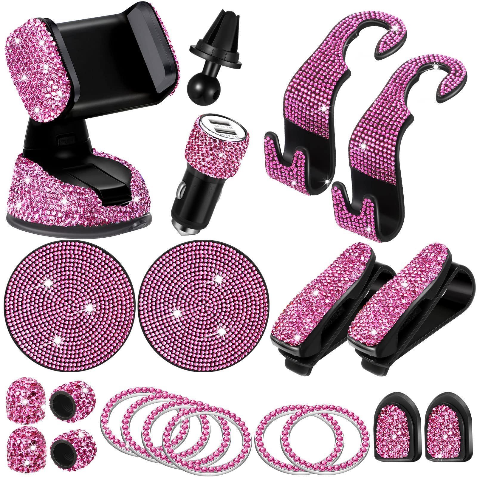 Tallew 20 Pcs Bling Car Accessories For Women, Rhinestone Car Accessories Set, Phone Holder Mount, Dual Usb Adapter, Glasses Hol