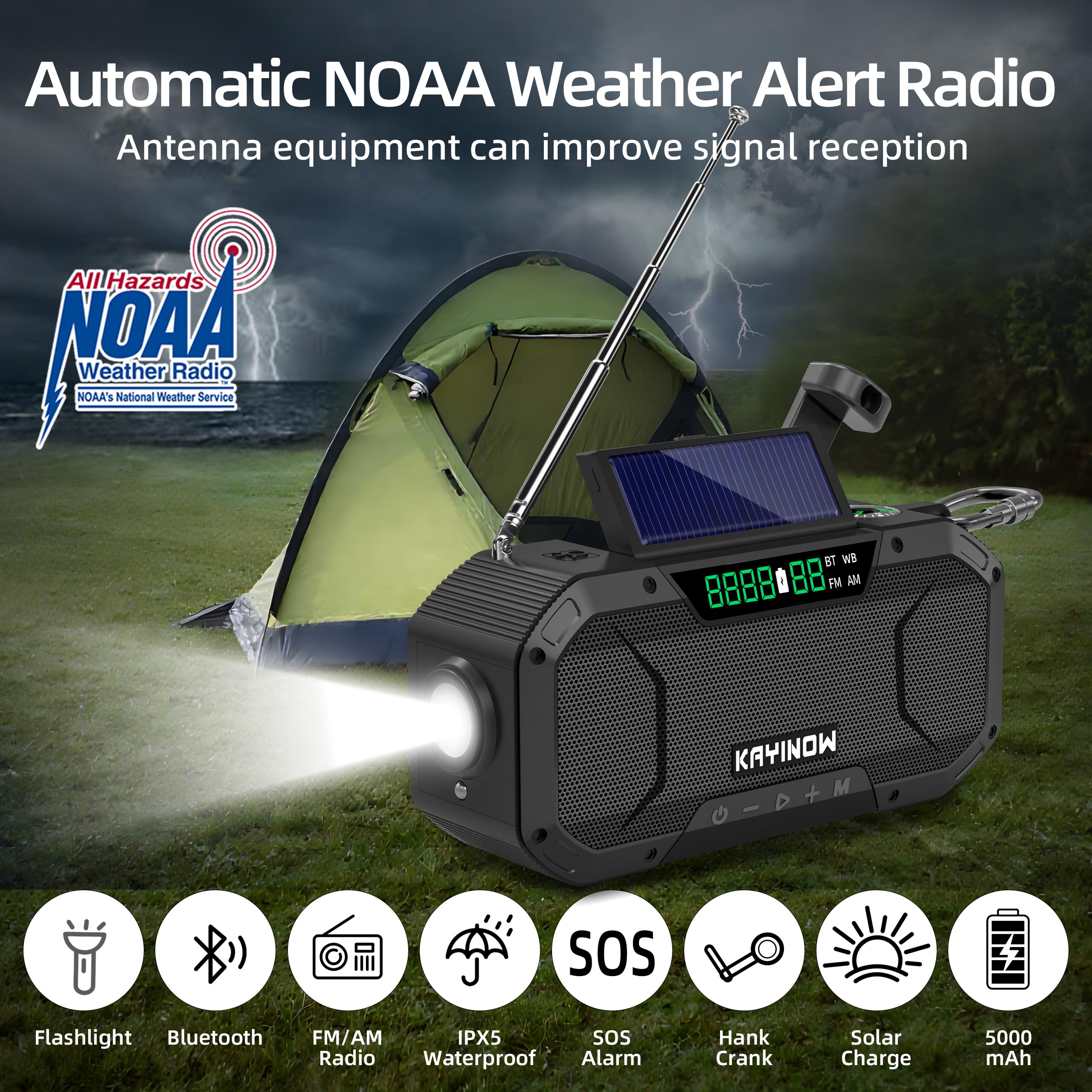 Solar Hand Crank Emergency Radio With Waterproof Bluetooth Speaker,Portable Am Fm Noaa Weather Radio, Rechargeable 5000Mah Batte