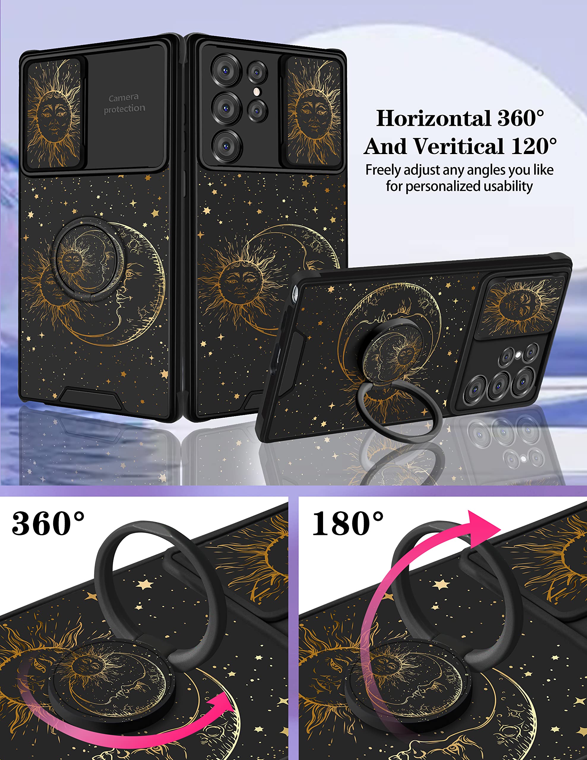 Goocrux (2In1 For Samsung Galaxy S22 Ultra Case Sun Moon Stars For Women Girls Cute Phone Cover Fashion Golden Star Print Patter