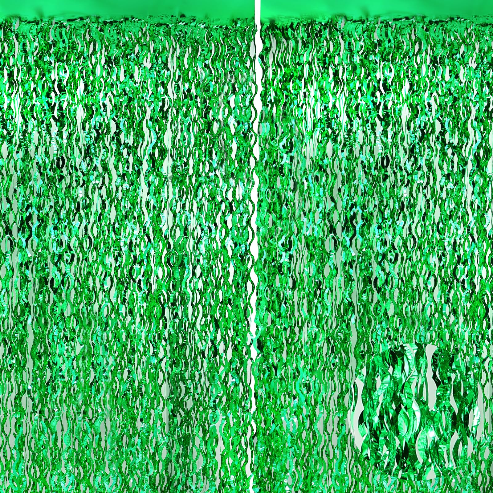Wavy Green Metallic Tinsel Foil Fringe Curtains, 2 Pack 3.3X8.3 Feet Party Streamer For Birthday Party Decorations, Halloween De