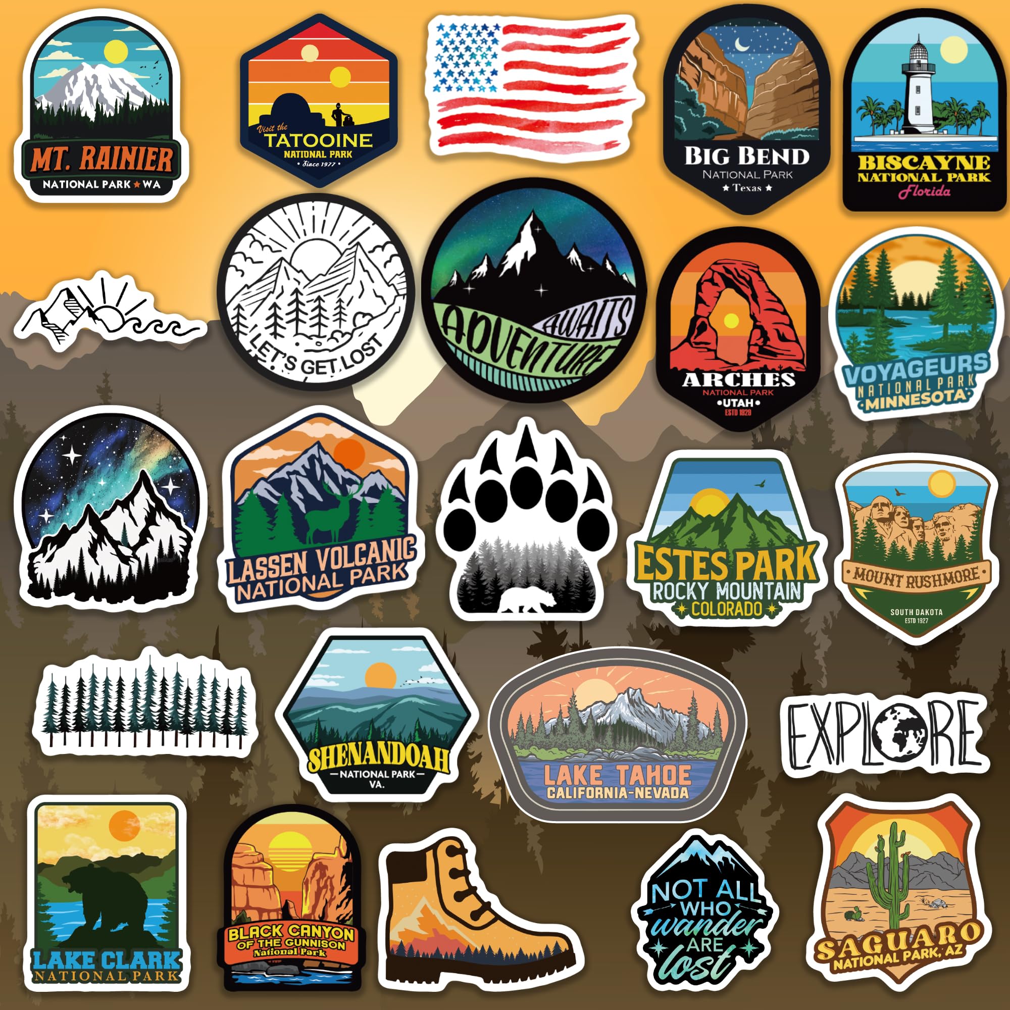 156 Pcs National Parks Sticker Pack, Outdoor Nature Camping Hiking Inspired Waterproof Vinyl Decals For Water Bottles Laptop Car