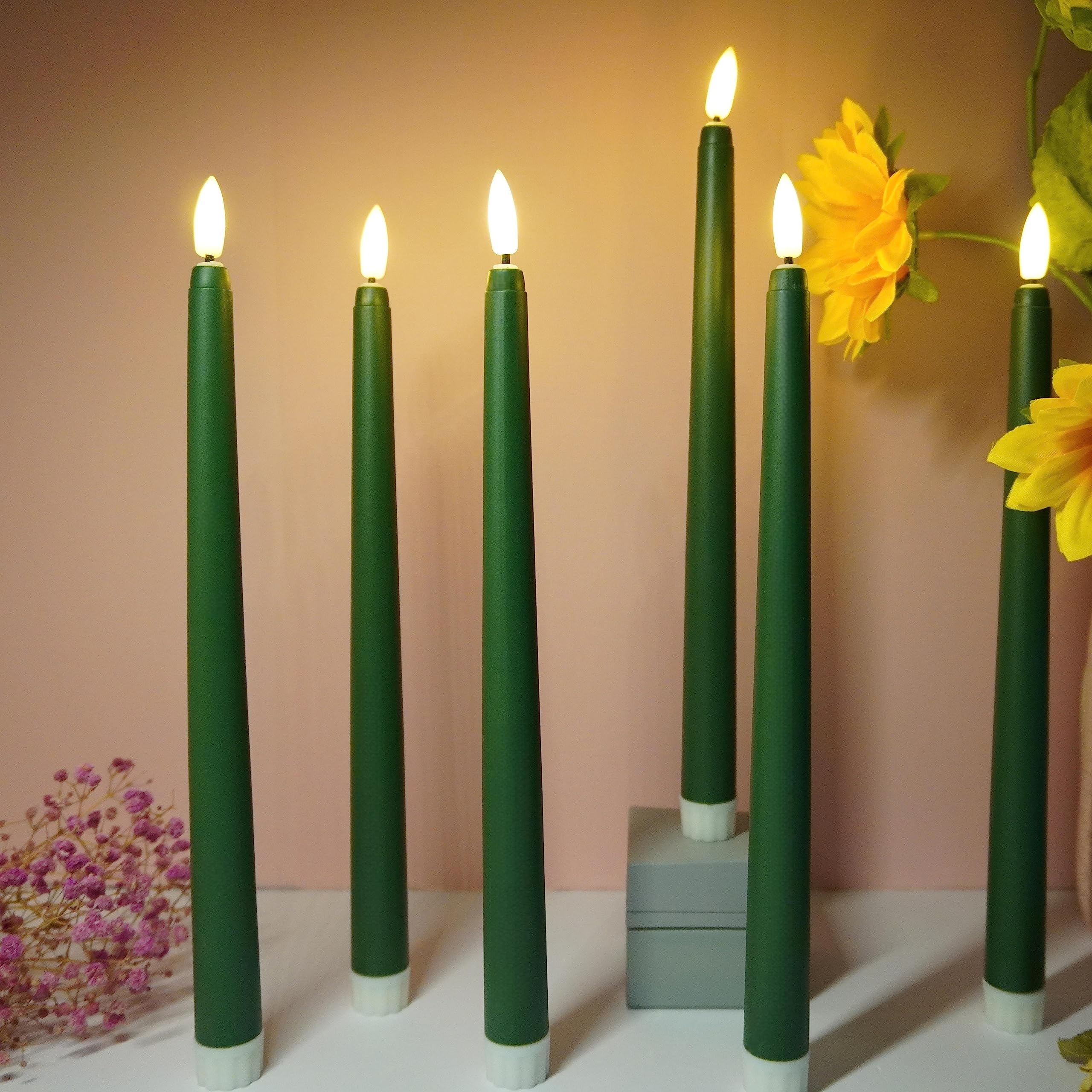Ni Jasw Green Flameless Taper Candles With Remote Timer, Flickering Battery Led Candlesticks Set Of 12