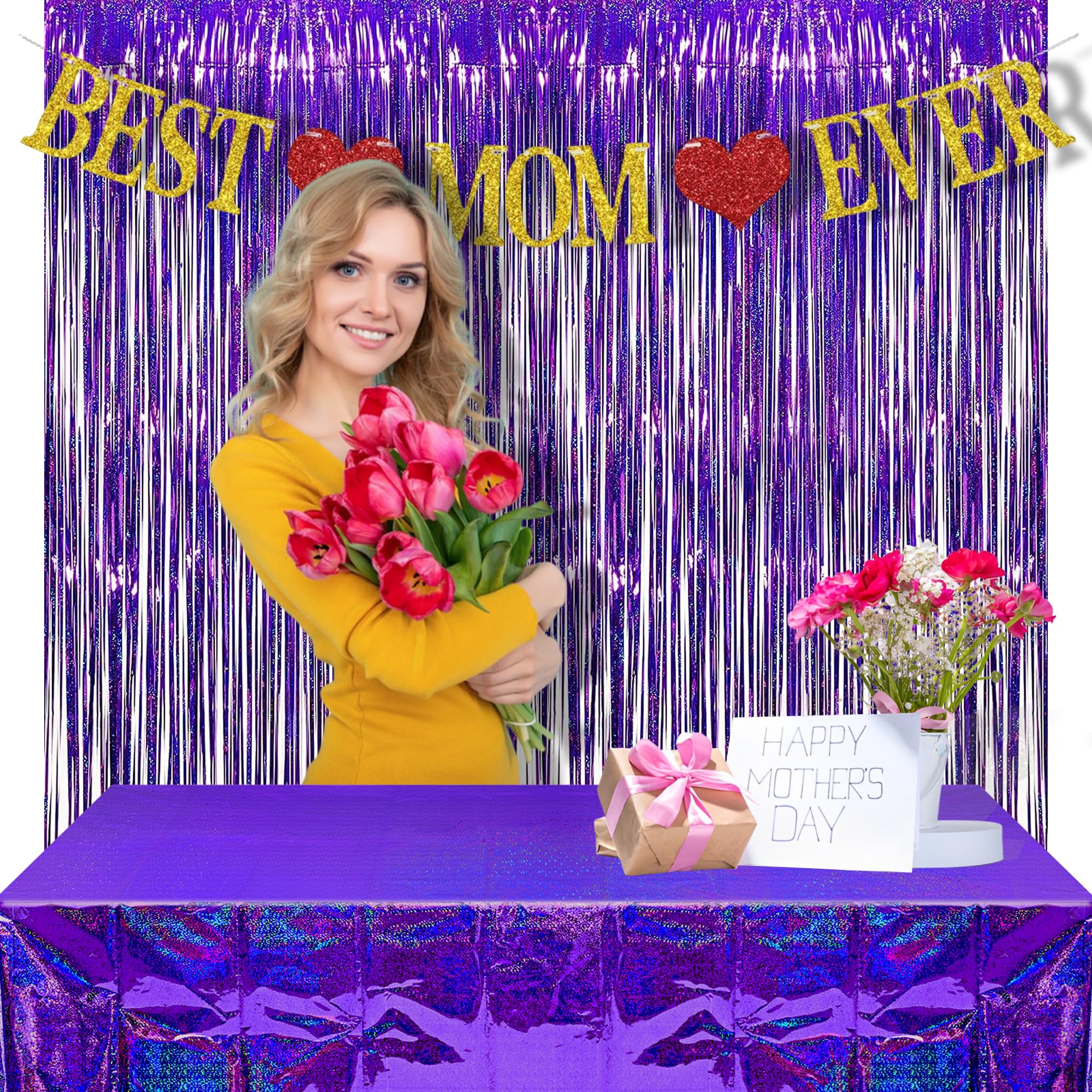 Braveshine Purple Tinsel Foil Fringe Curtains   2Pcs 3.2X8.2Ft Metallic Holidays Photo Backdrop For Birthdays Valentines Bridal