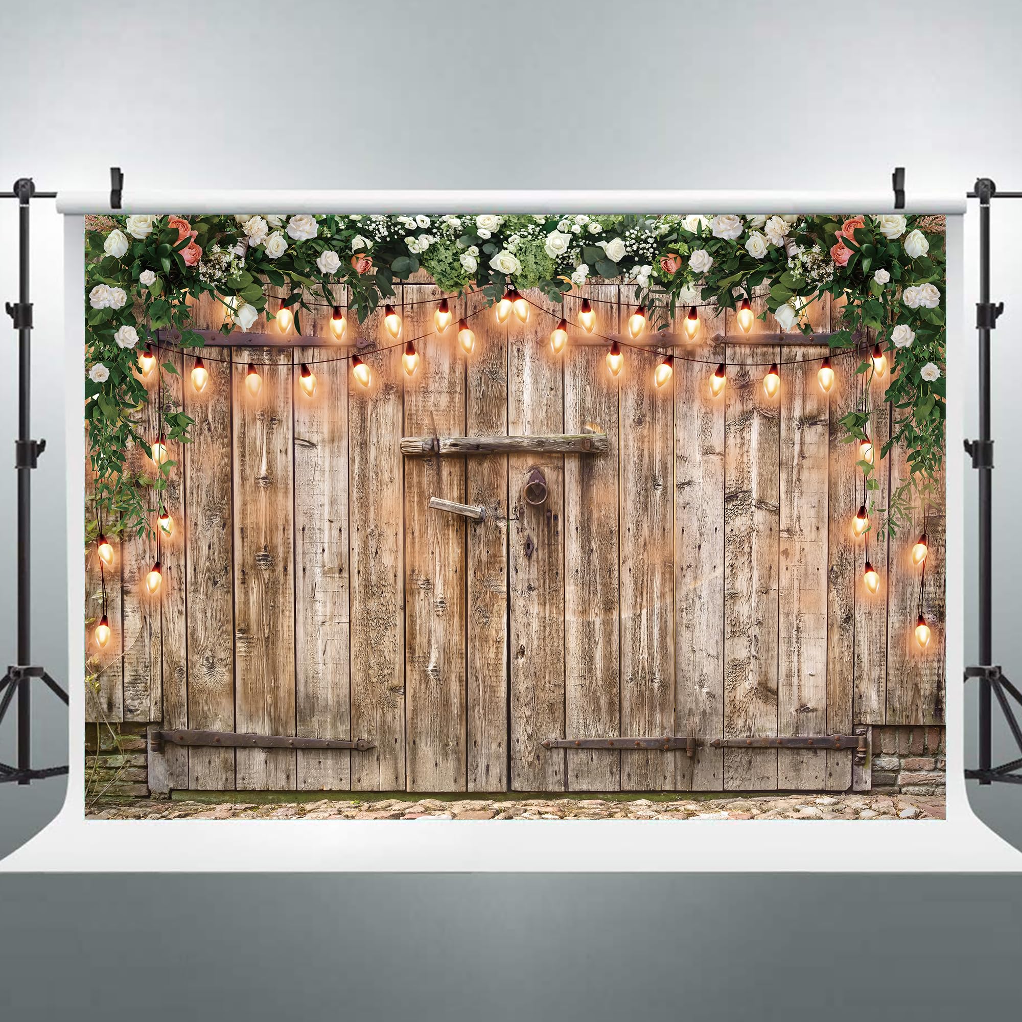 Riyidecor Rustic Backdrop Polyester Fabric Barn Door Photography Backgrounds 7Wx5H Feet Western Wood Plank Green Grass Leaves Fl