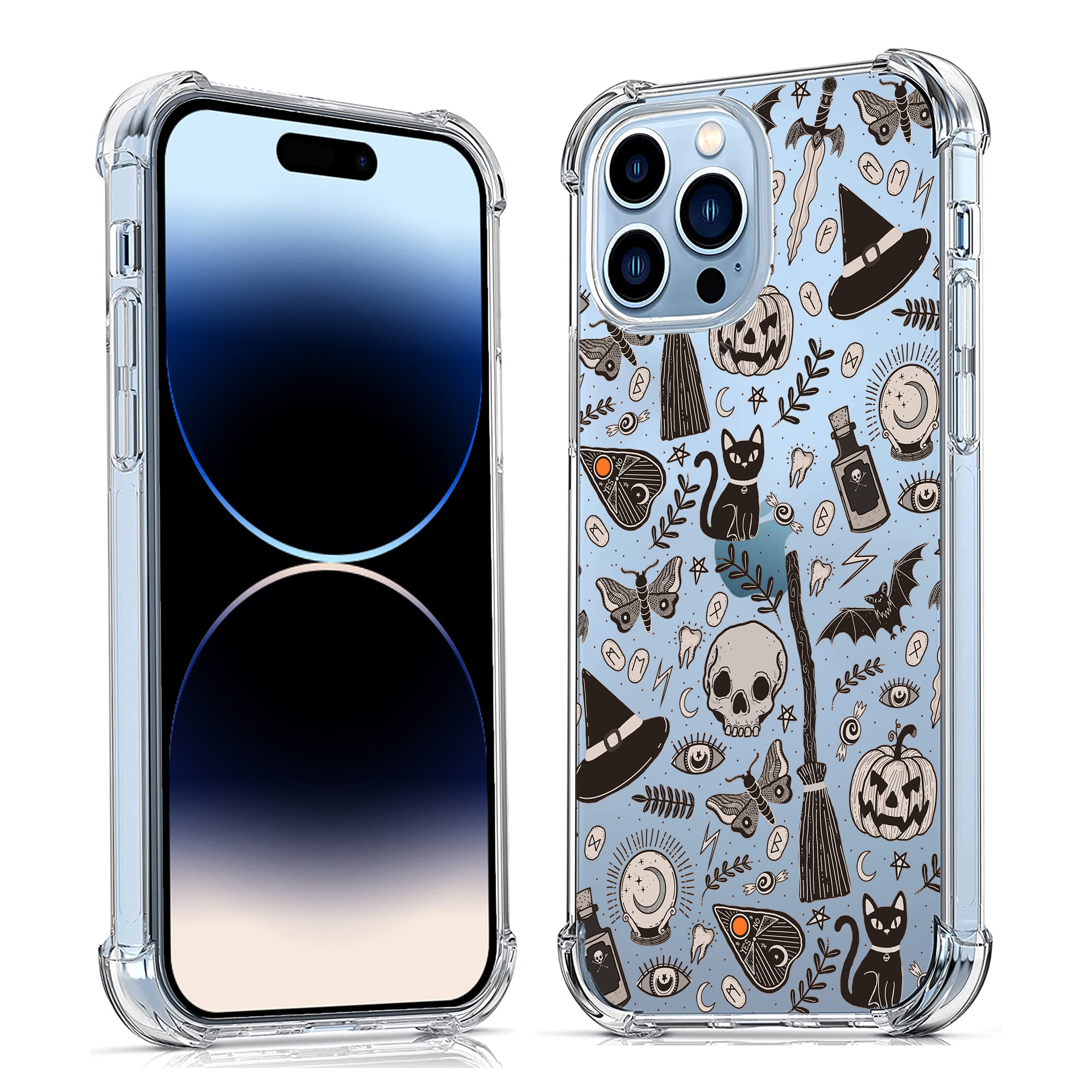 Vesidurt Black Halloween Clear Case For Iphone 14 Pro Max,Pumpkin Skull Bat Pattern For Men Women,Trendy Transparent Soft Tpu Bu