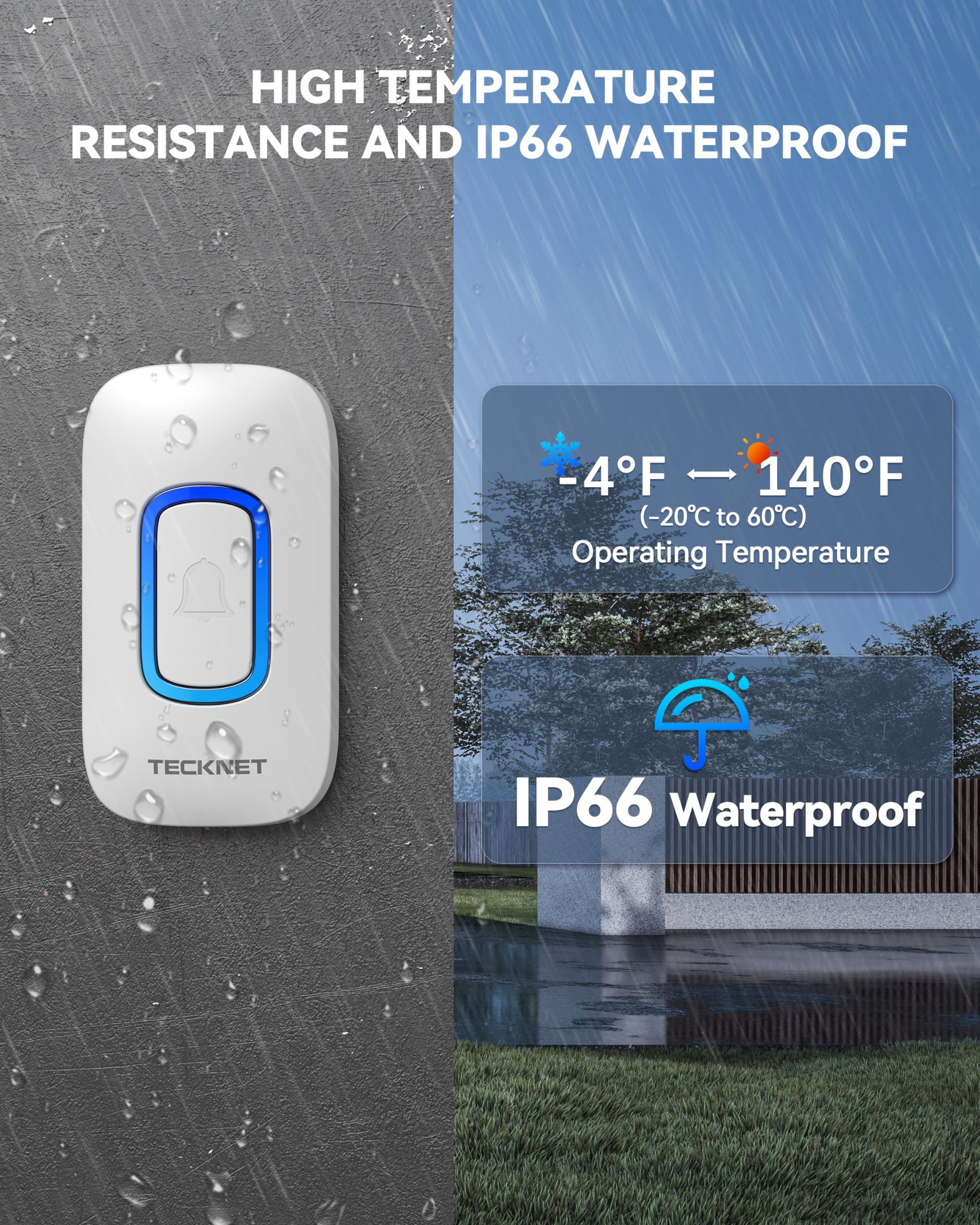 Tecknet Wireless Doorbell With 2 Portable Doorbells With Rgb Light, Battery Powered Ip66 Waterproof Door Chime Kit, 1300Ft Wirel