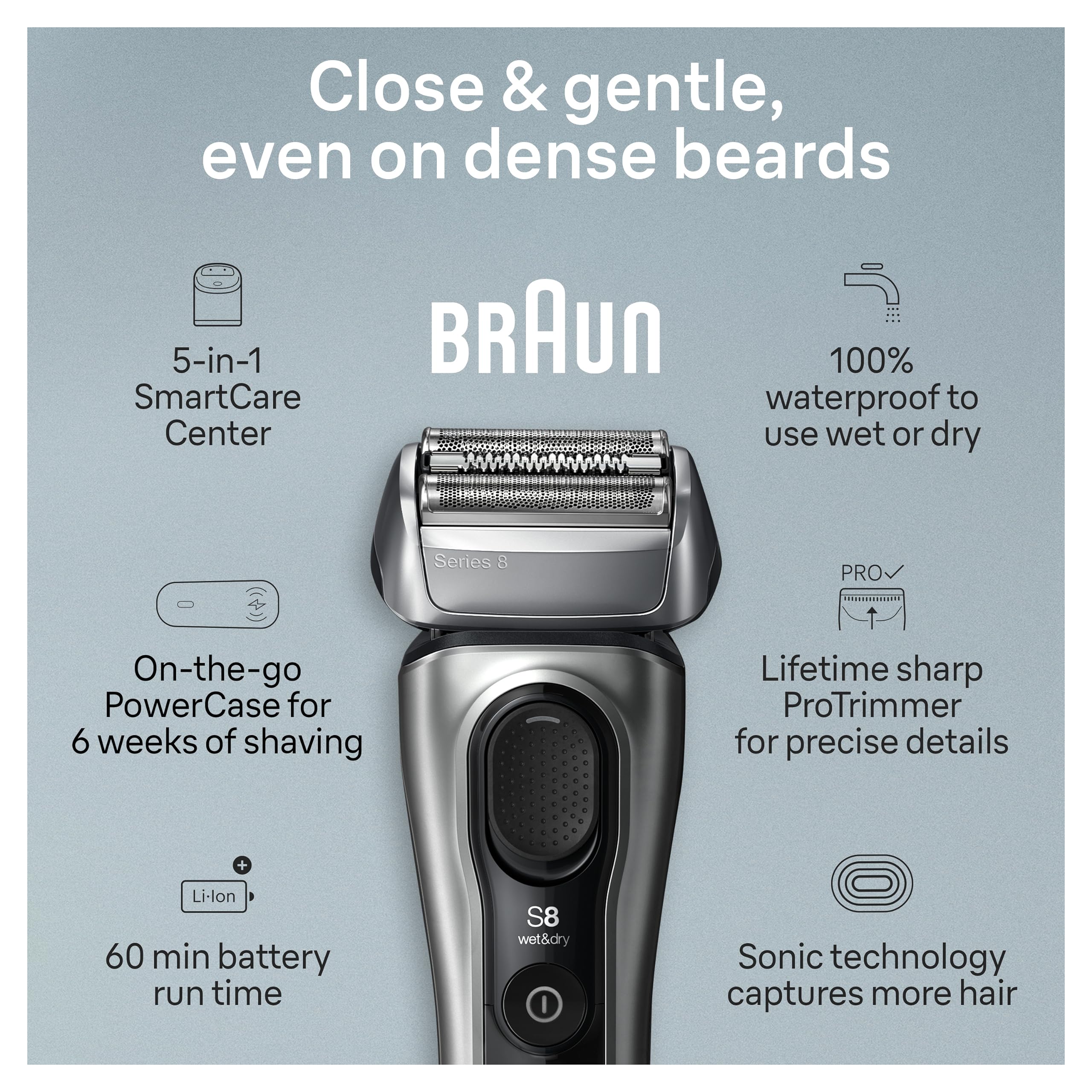 Braun Series 8 8577Cc Electric Razor For Men, 4+1 Shaving Elements & Precision Long Hair Trimmer, 5In1 Smartcare Center, Close &