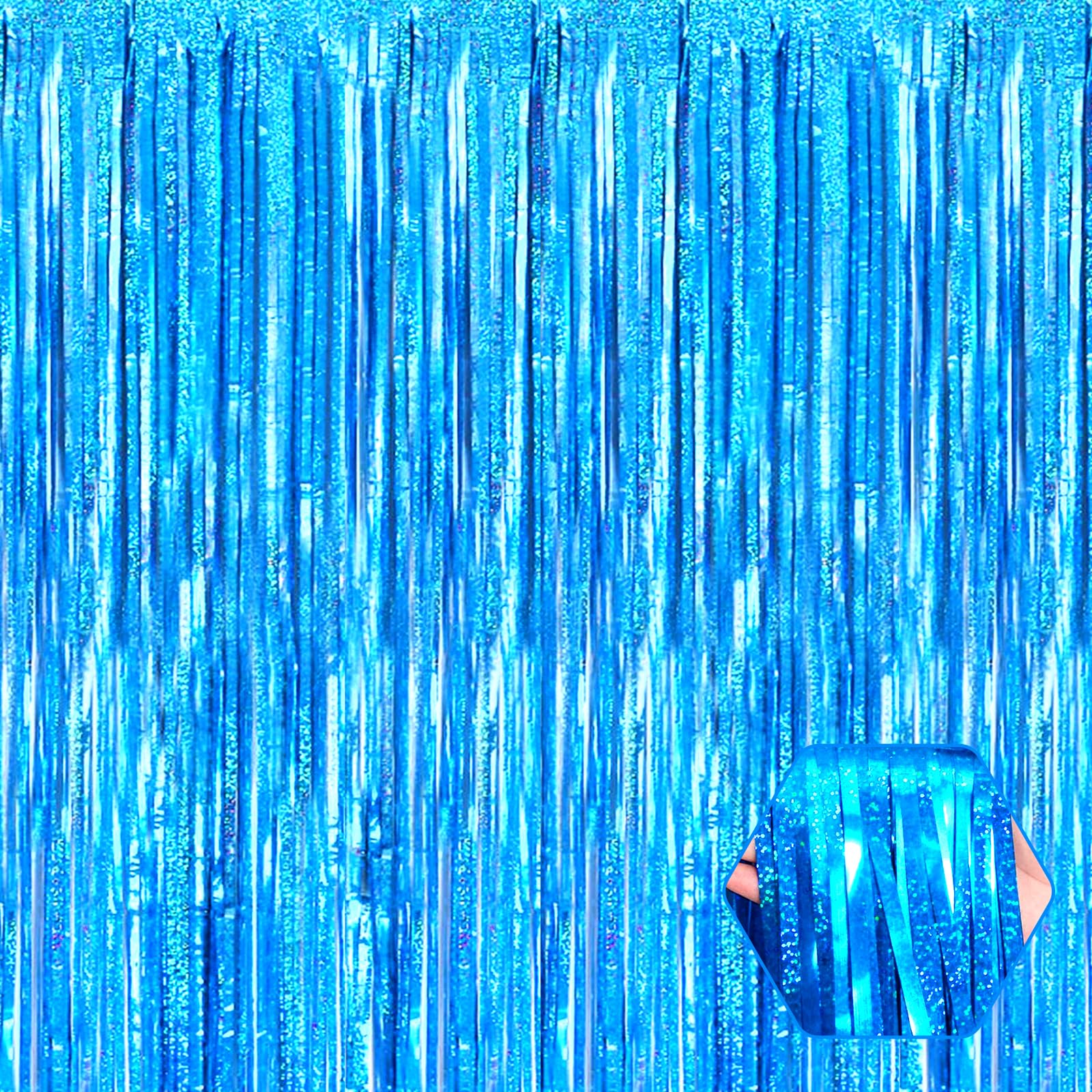 3 Pack Lake Blue Foil Fringe Curtain Backdrop, 3.28Ft X 8.2Ft Metallic Tinsel Foil Fringe Streamer Curtains For Photo Booth, Val