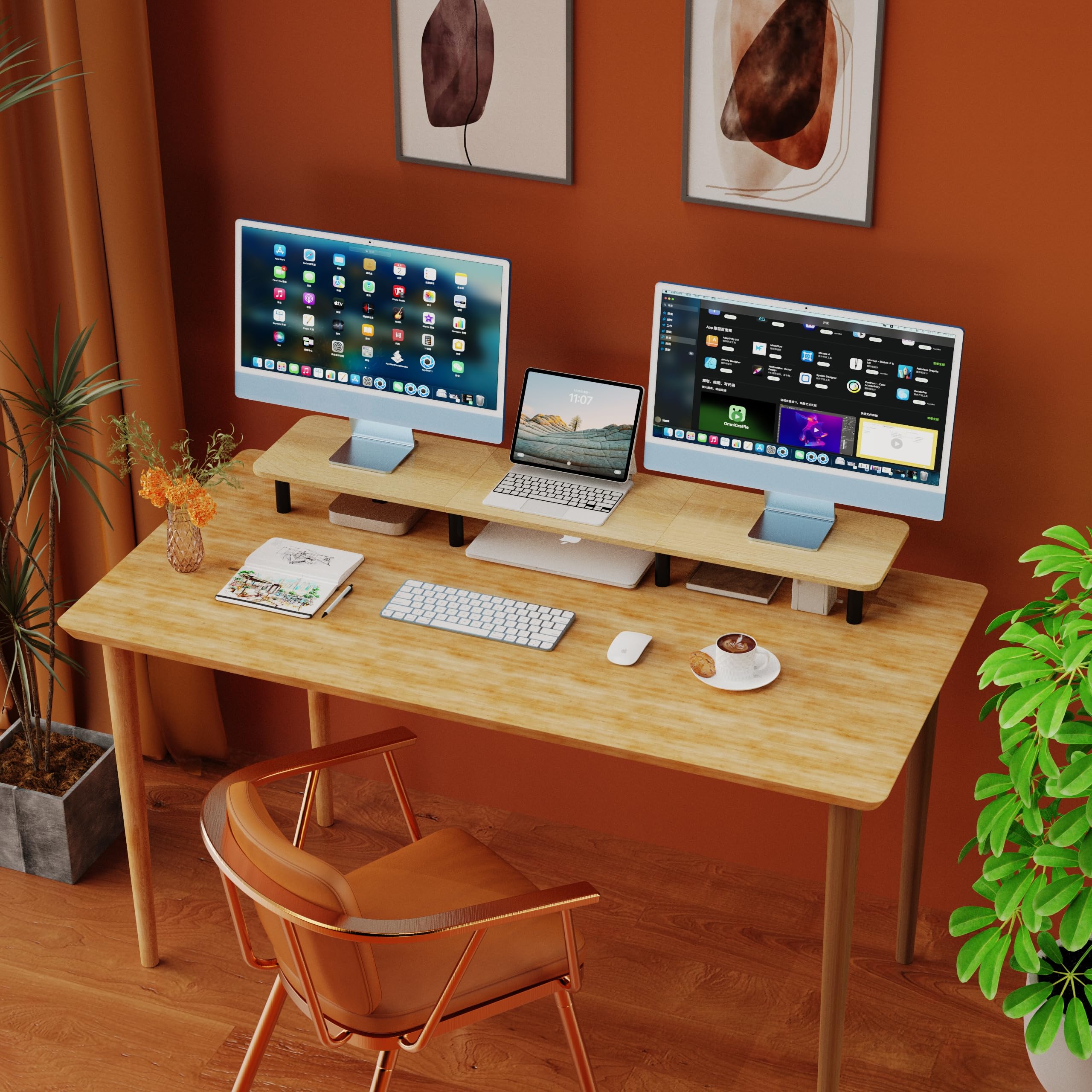 Wegastu Large Extra Long Monitor Stand Riser 43.7In ,Dual Monitor Riser , Wide Tv Stand For 2 Monitors, Wood & Steel Leg Adjusta