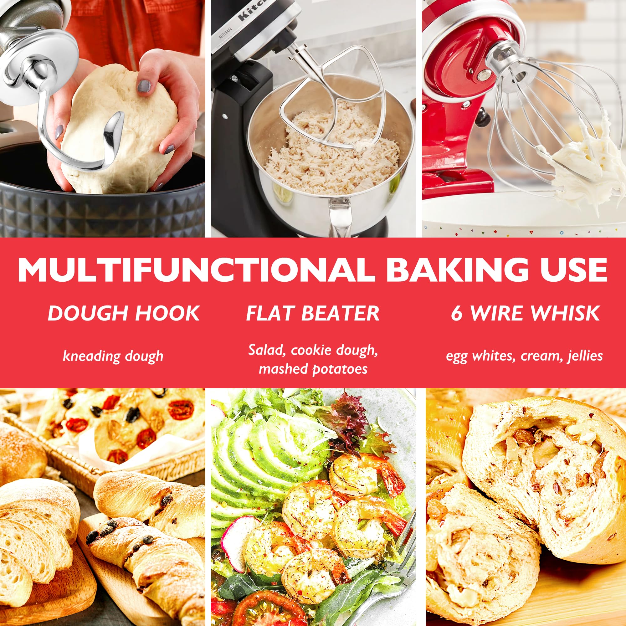 Wiselet Stainless Steel Accessories For Kitchenaid 4.5 5 Qt Tilt Head Stand Mixer, Includes 6 Wire Whisk, Flat Beater, Dough Hoo