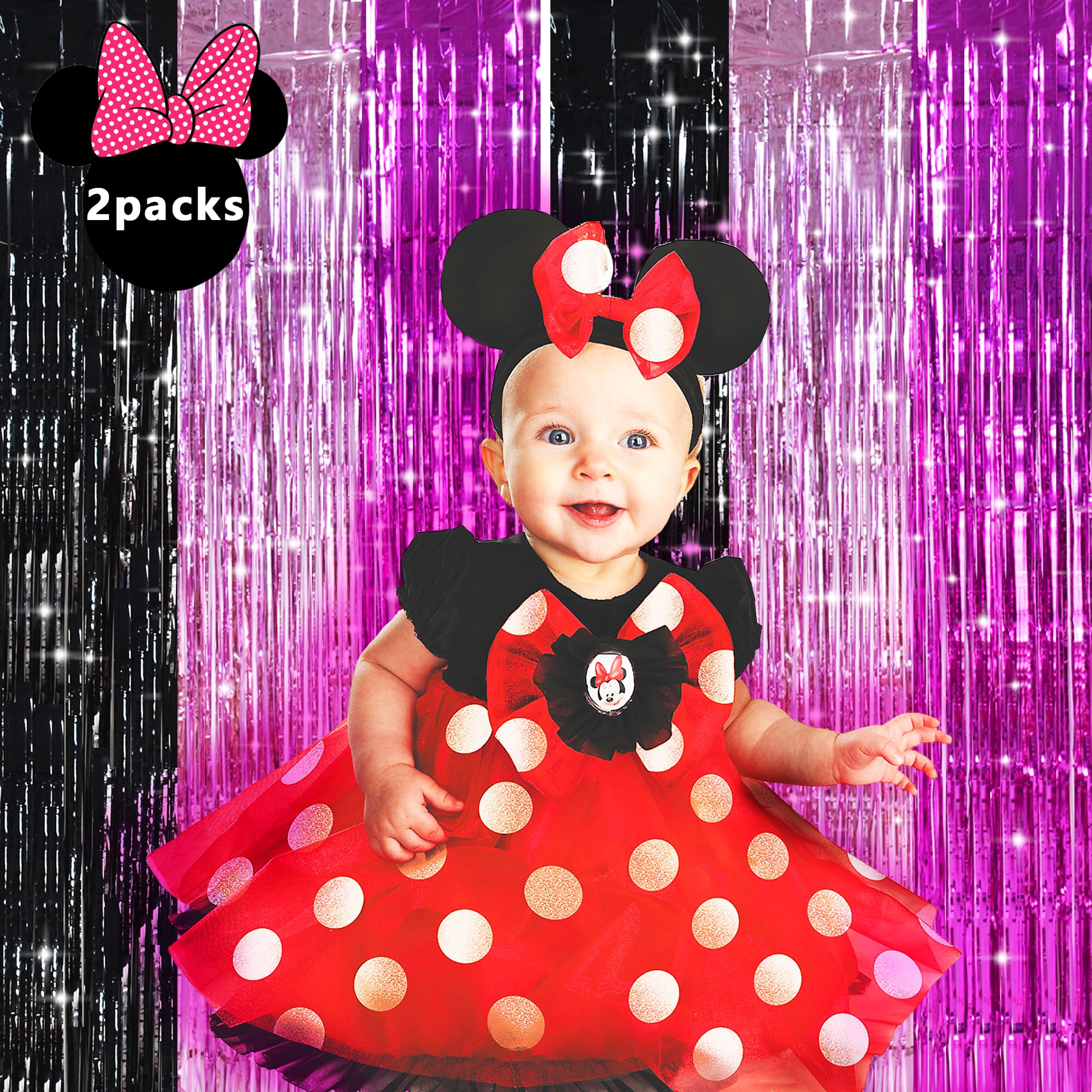 Toniful Black Pink Hot Pink Door Streamers,Black And Pink Photo Booth Backdrop Metallic Streamers Foil Fringe Curtain For Birthd