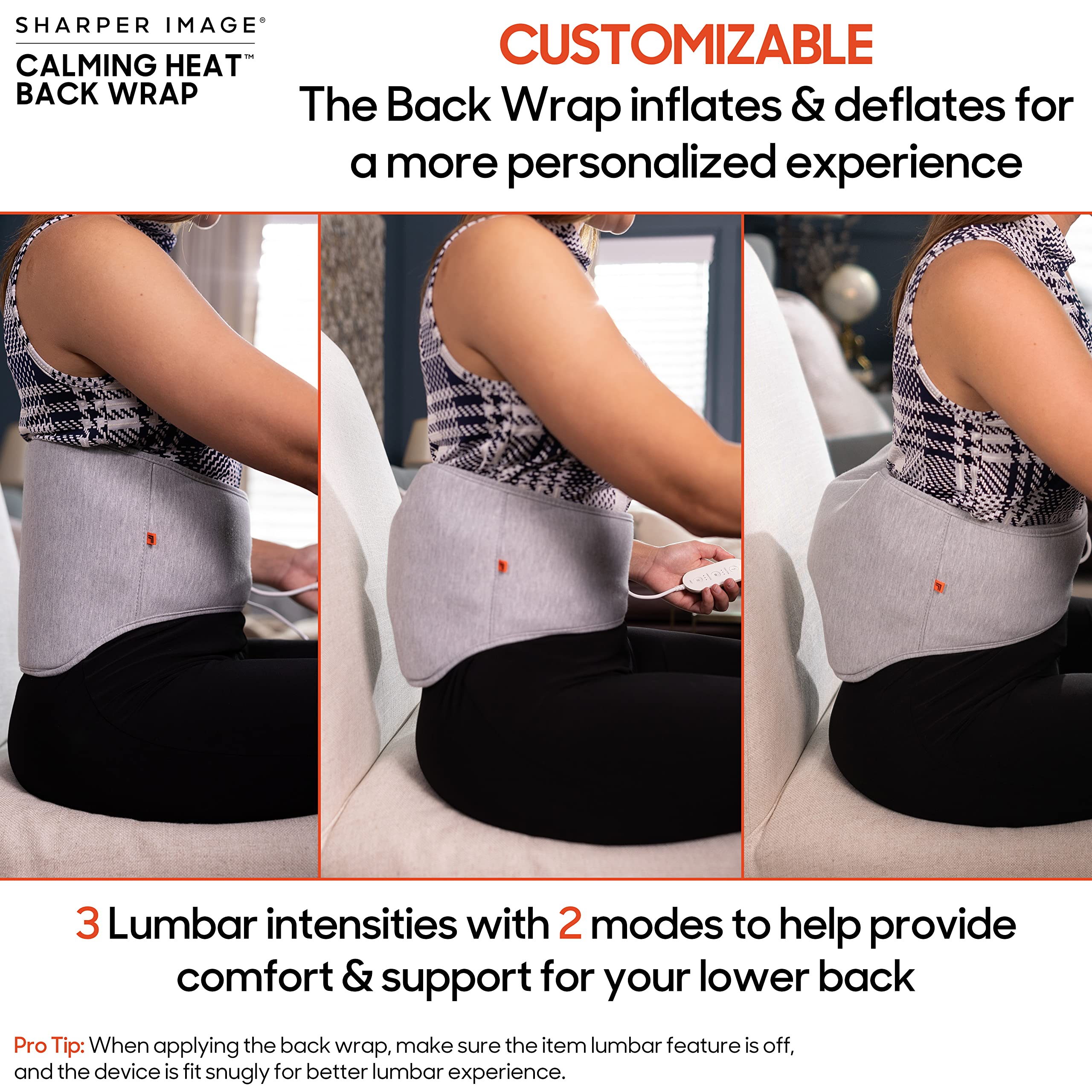 Calming Heat Back Wrap By Sharper Image  Electric Back Heating Pad With Customizable Inflatable Lumbar Support, Soothing Heat, &