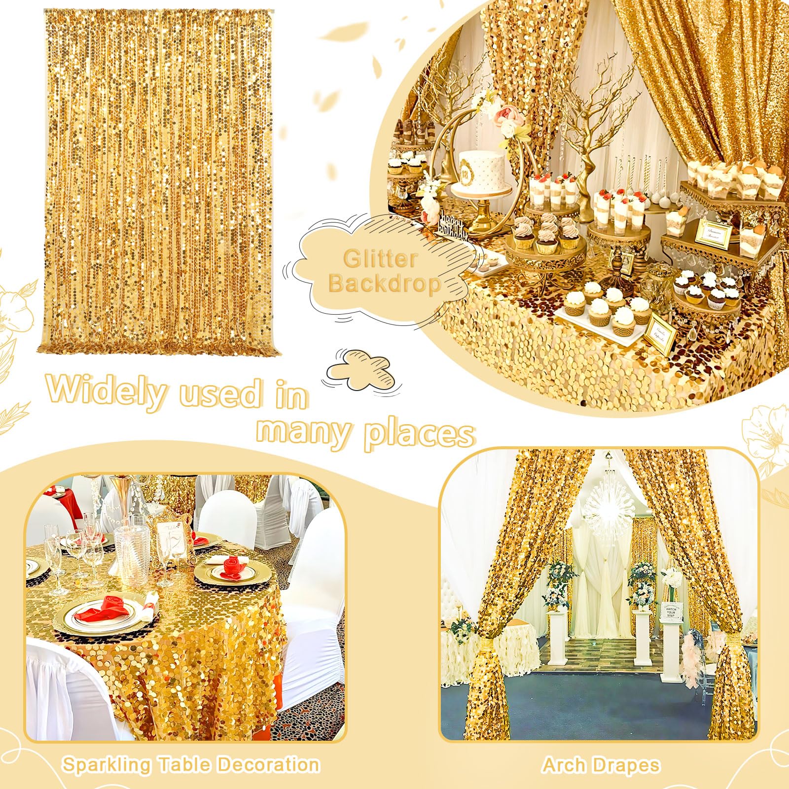 Big Payette Sequin Backdrop 4Ftx8Ft Gold Shimmer Backdrop Curtains Glitter Fabric Drapes For Birthday Party Baby Shower Decorati