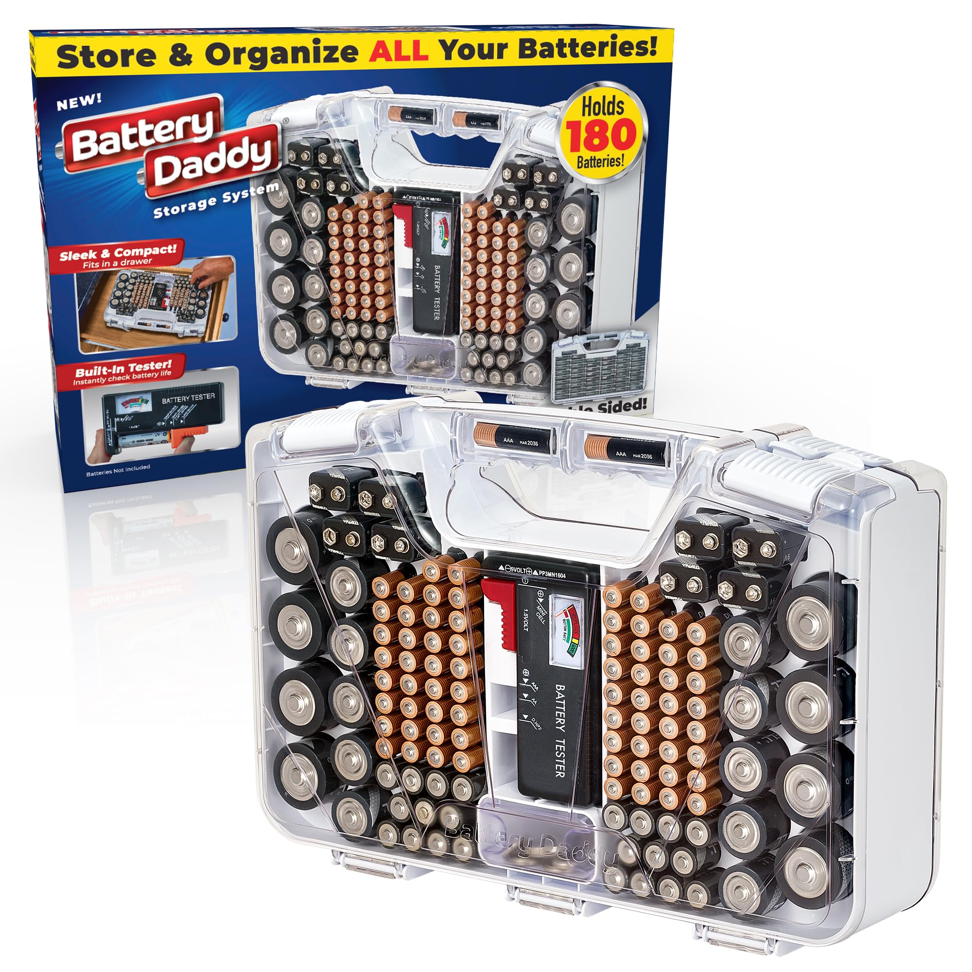 Ontel Battery Daddy Storage & Organizer Case with Tester, Stores & Protects Up to 180 Batteries, Double-Sided, Durable Design wi