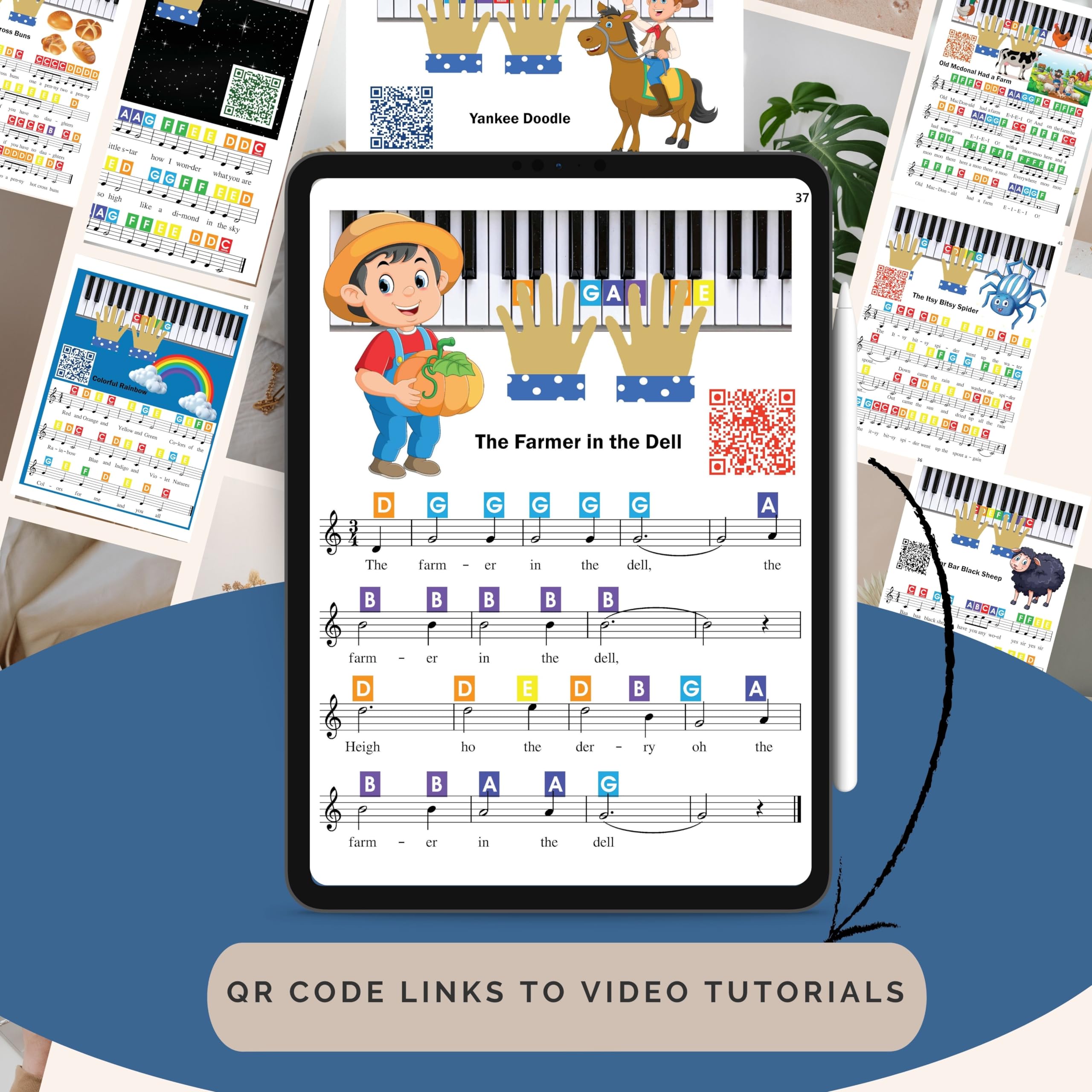 Qmg Rainbow Color Piano And Keyboard Sticker And Kids Piano Learning Book Easy To Follow Instructions For Kids, Beginner Piano B
